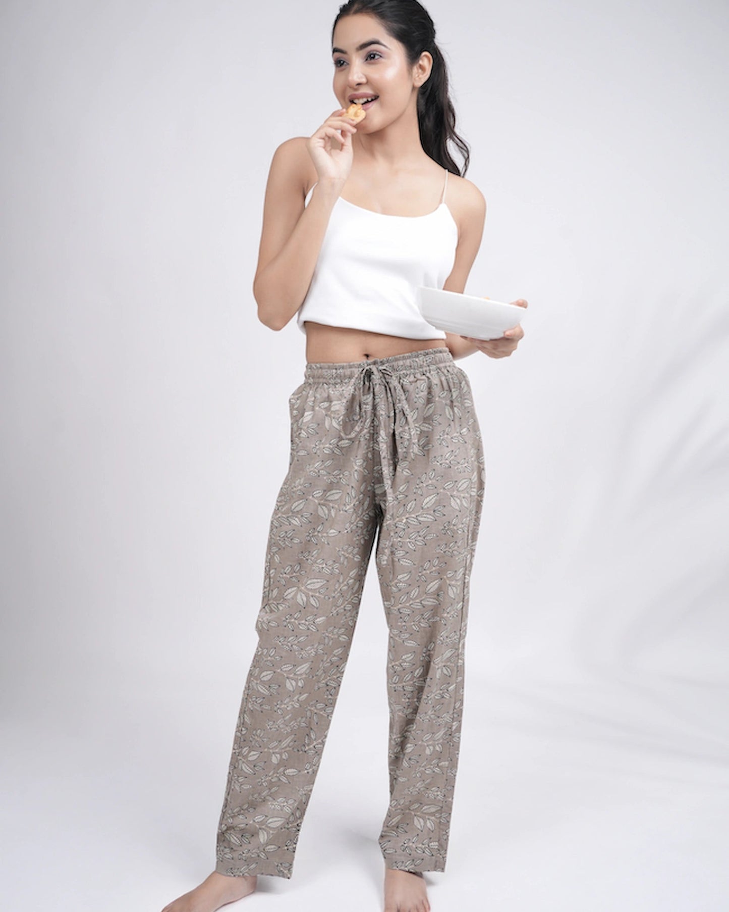 Cotton Pajama Pants Women - Silver Leaves