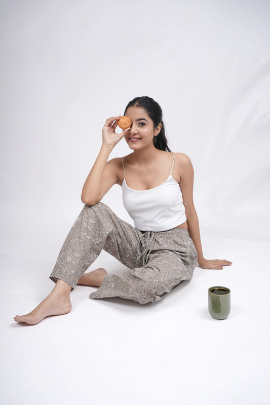Cotton Pajama Pants Women - Silver Leaves