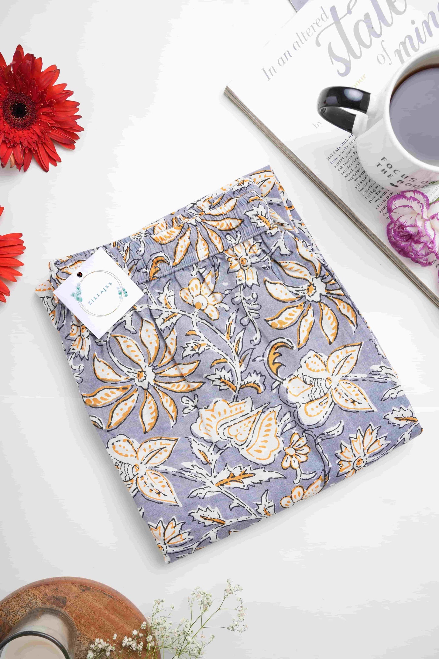 Cotton Pajama Pants Women - Charcoal Blooms