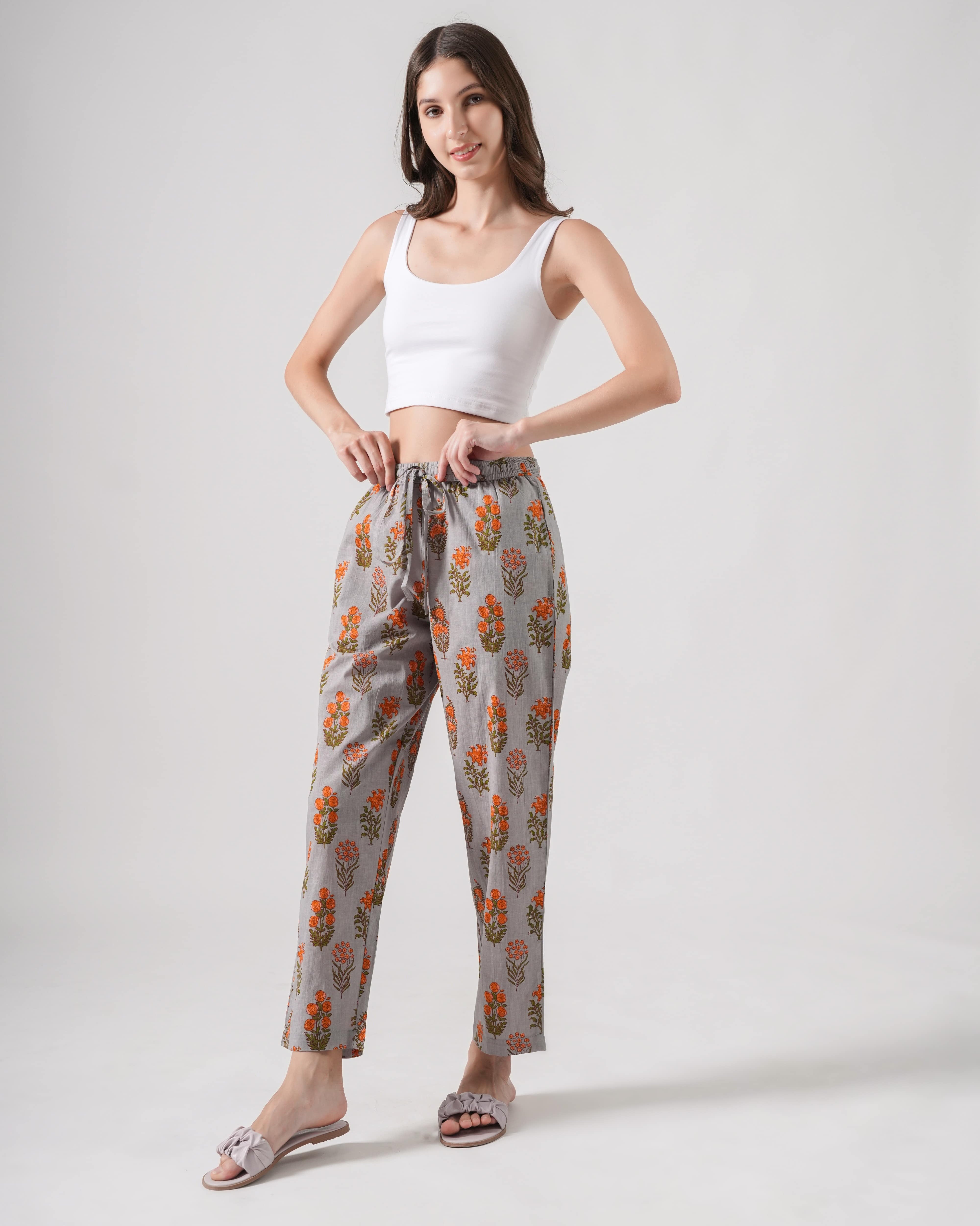 Cotton Pajama Pants Women - Smoky Blooms