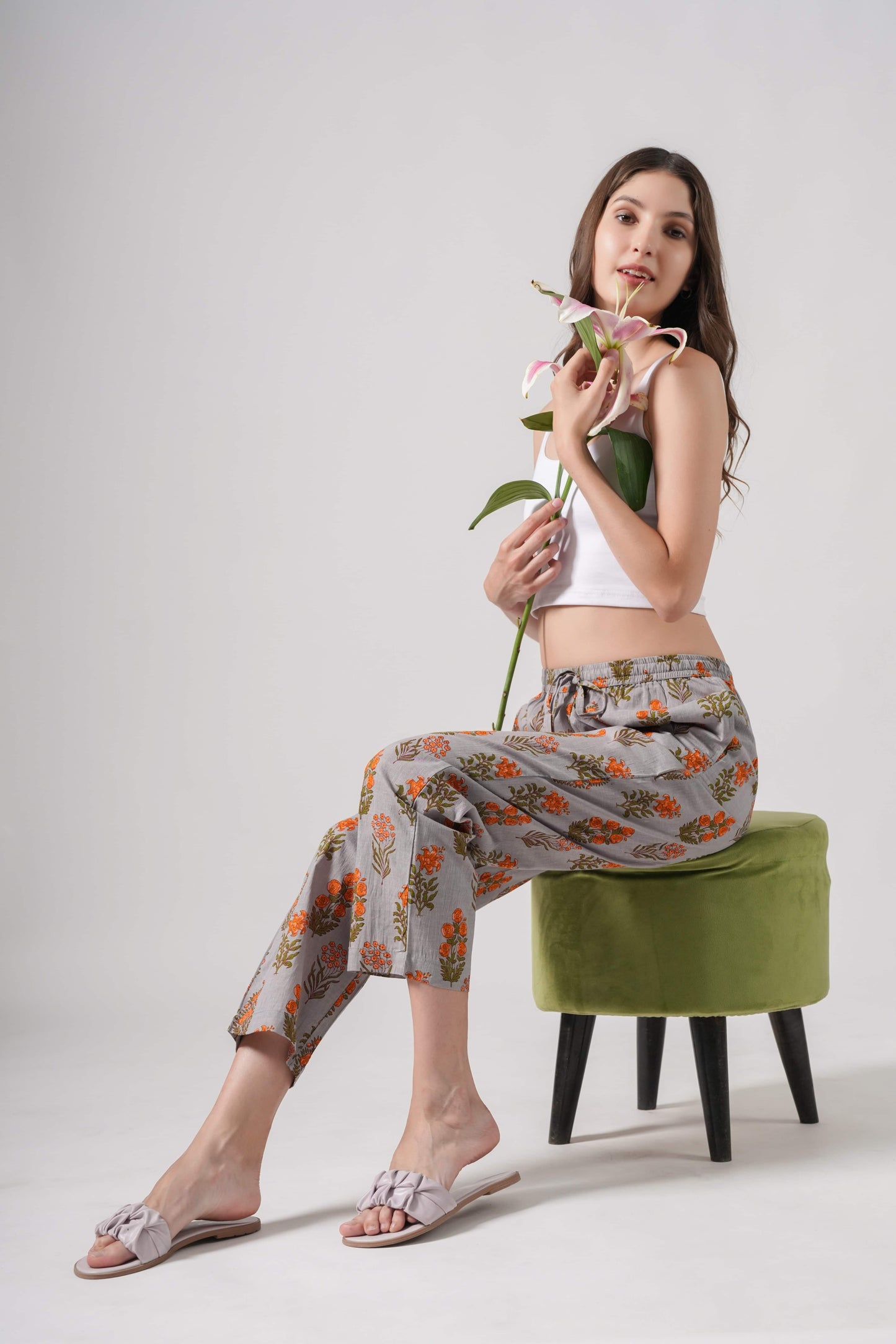 Cotton Pajama Pants Women - Smoky Blooms