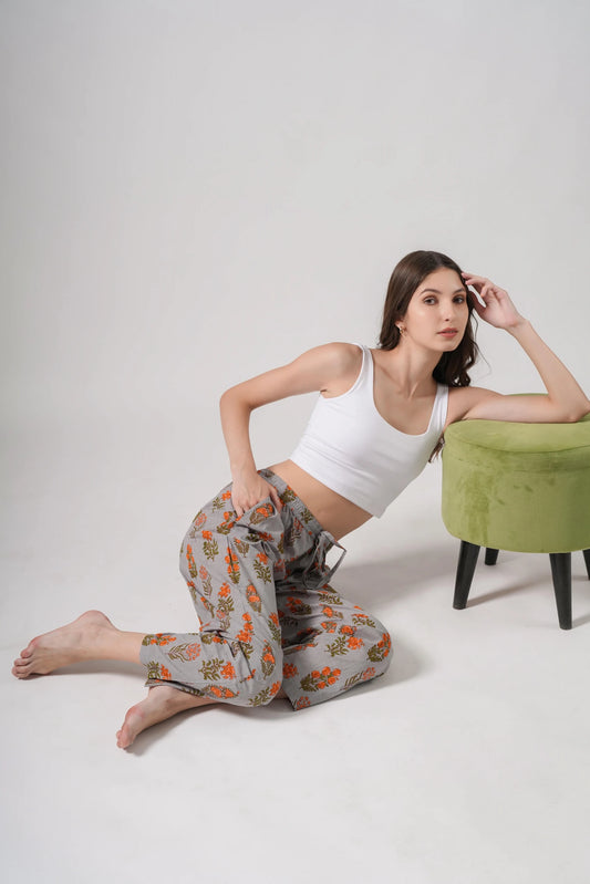 Cotton Pajama Pants Women - Smoky Blooms