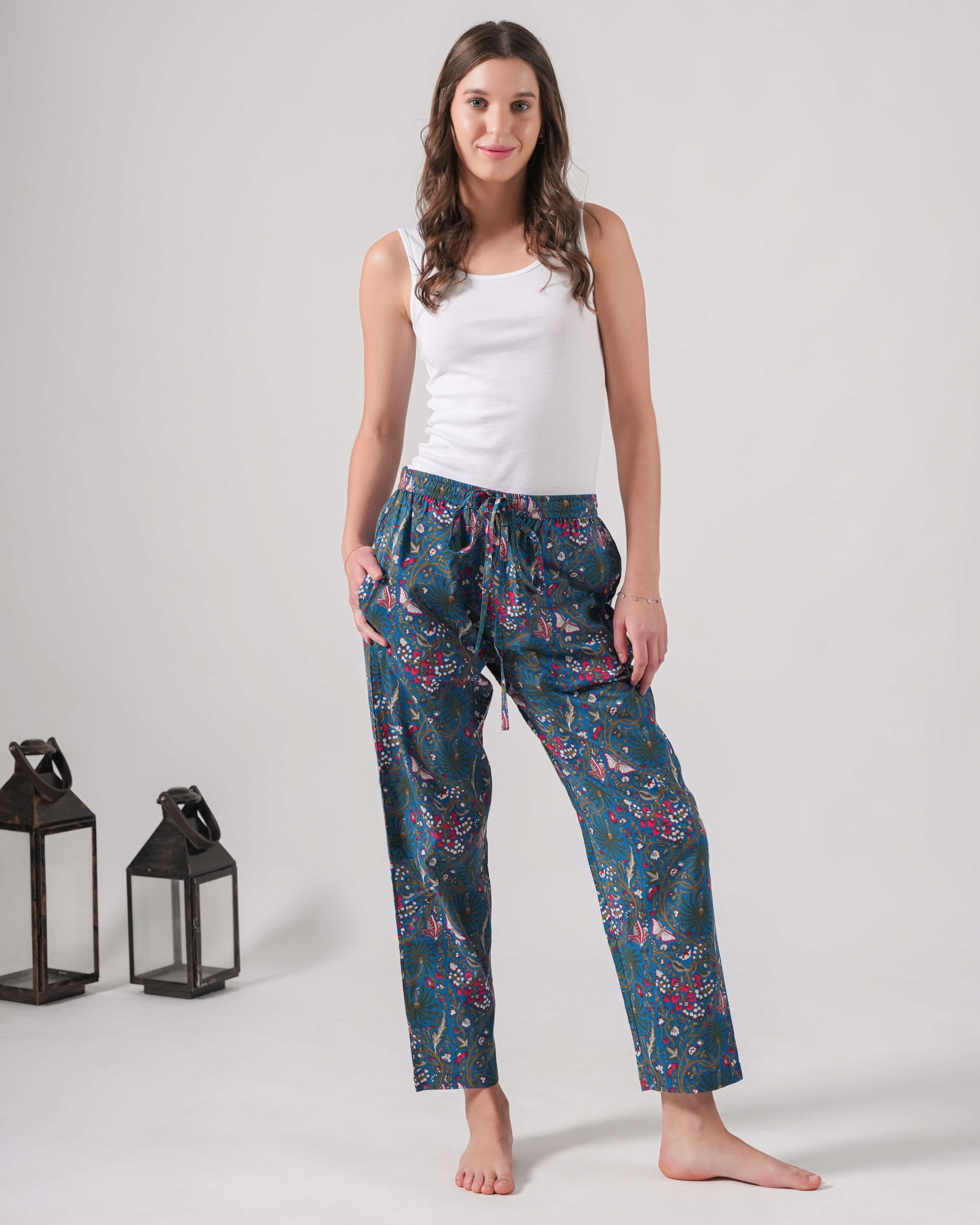 Cotton Pajama Pants Women - Midnight Butterfly