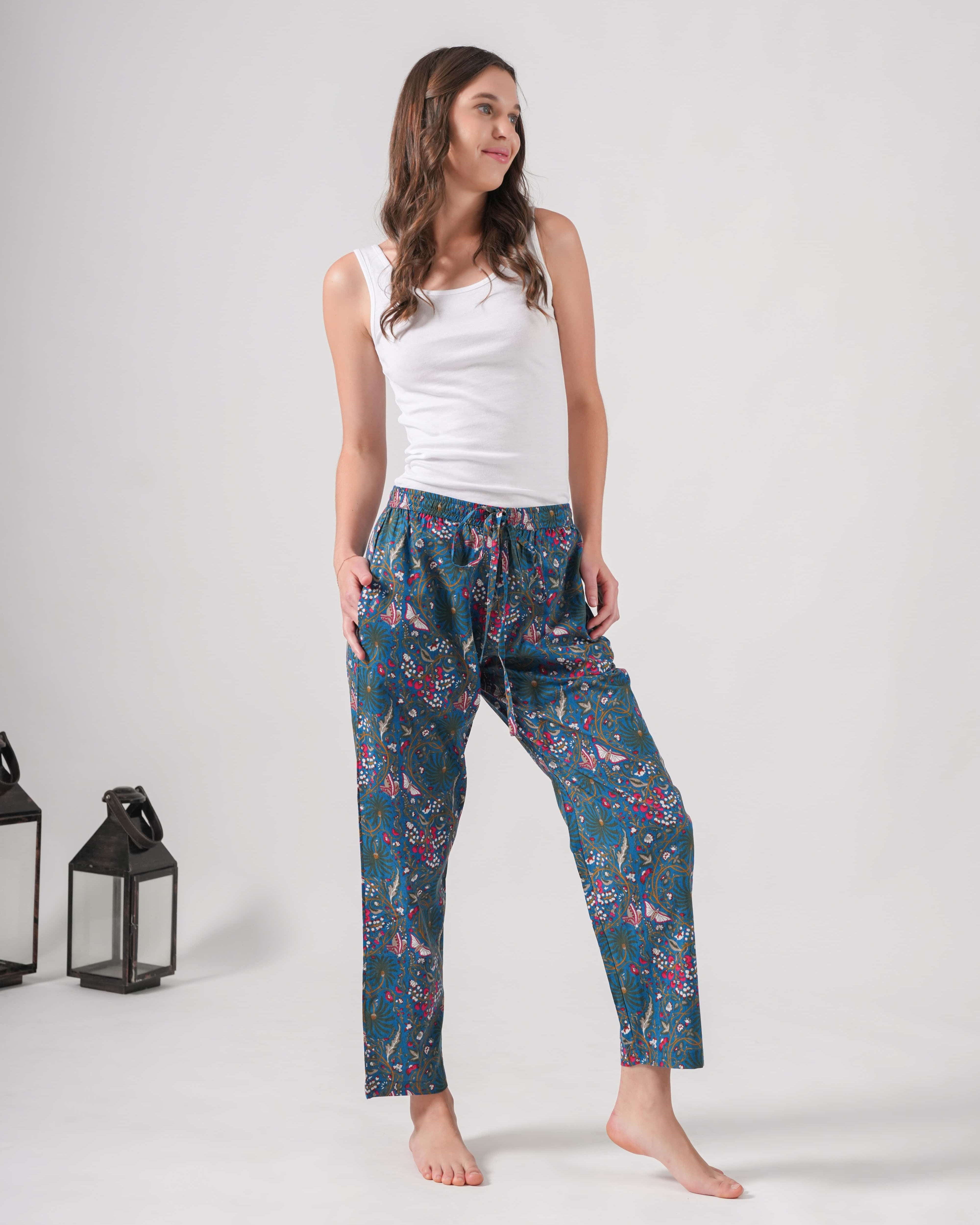 Cotton Pajama Pants Women - Midnight Butterfly