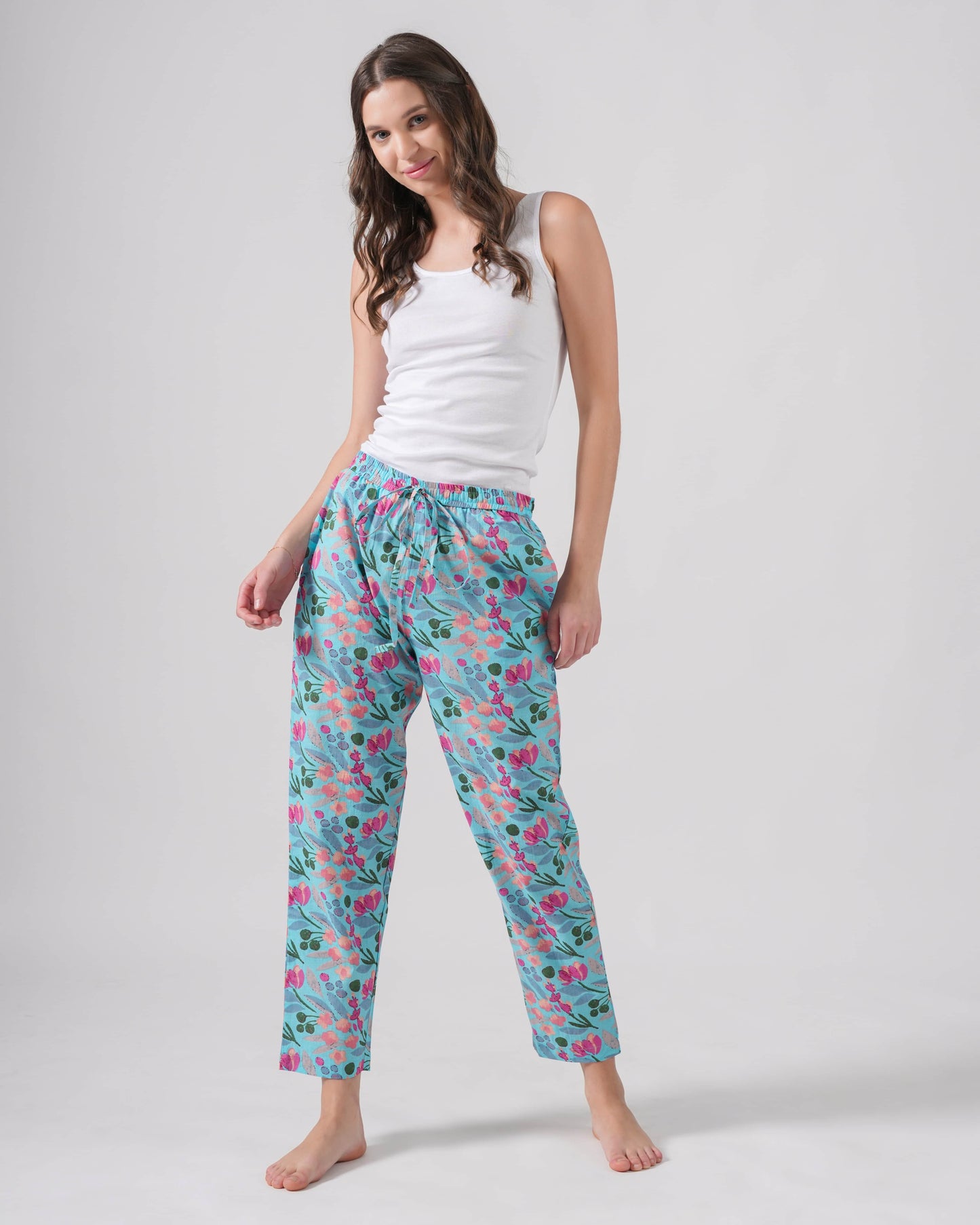 Cotton Pajama Pants Women - Floral Azure