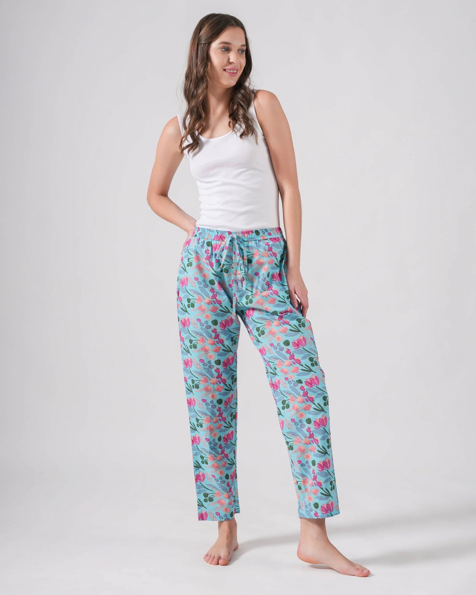 Cotton Pajama Pants Women - Floral Azure