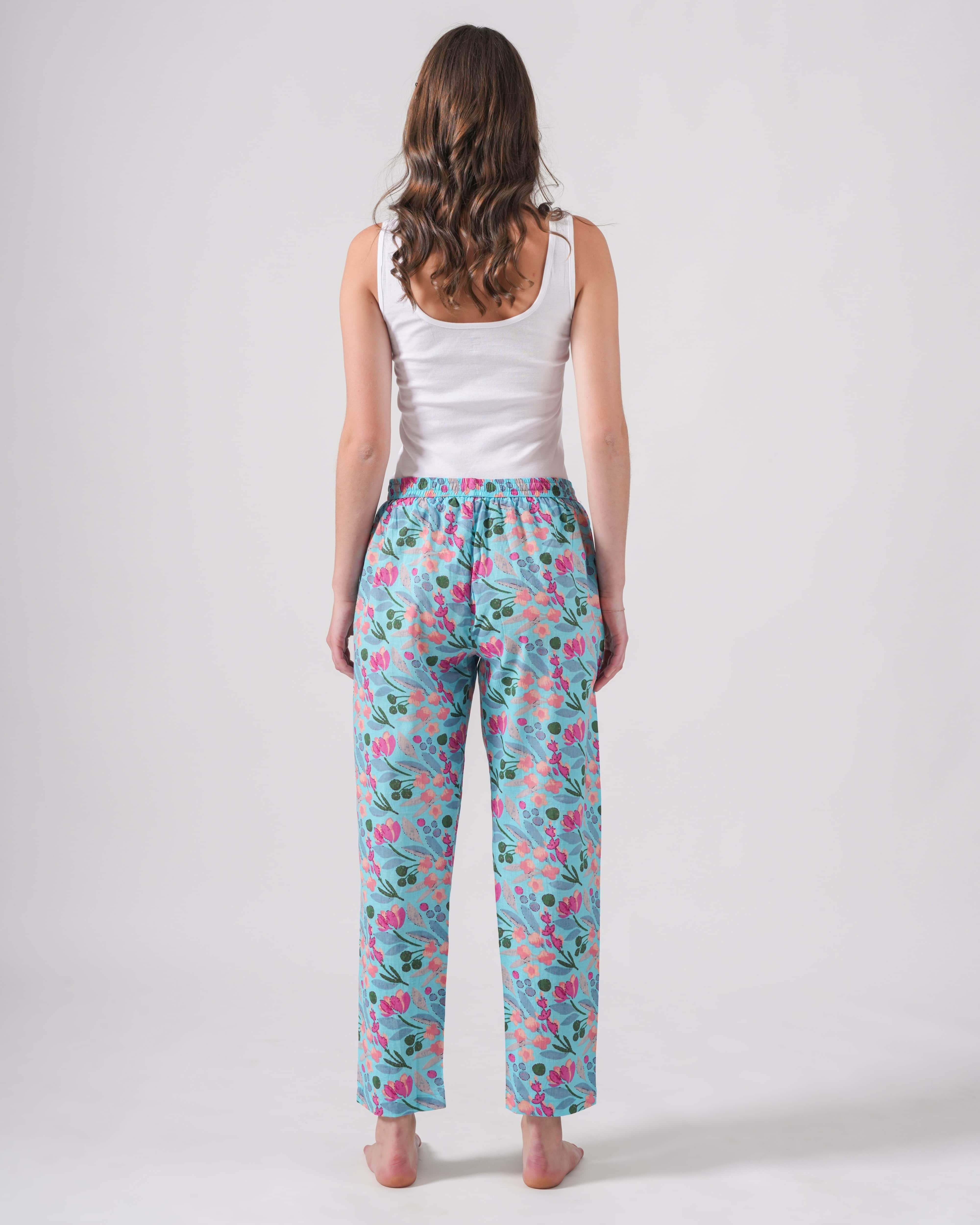 Cotton Pajama Pants Women - Floral Azure