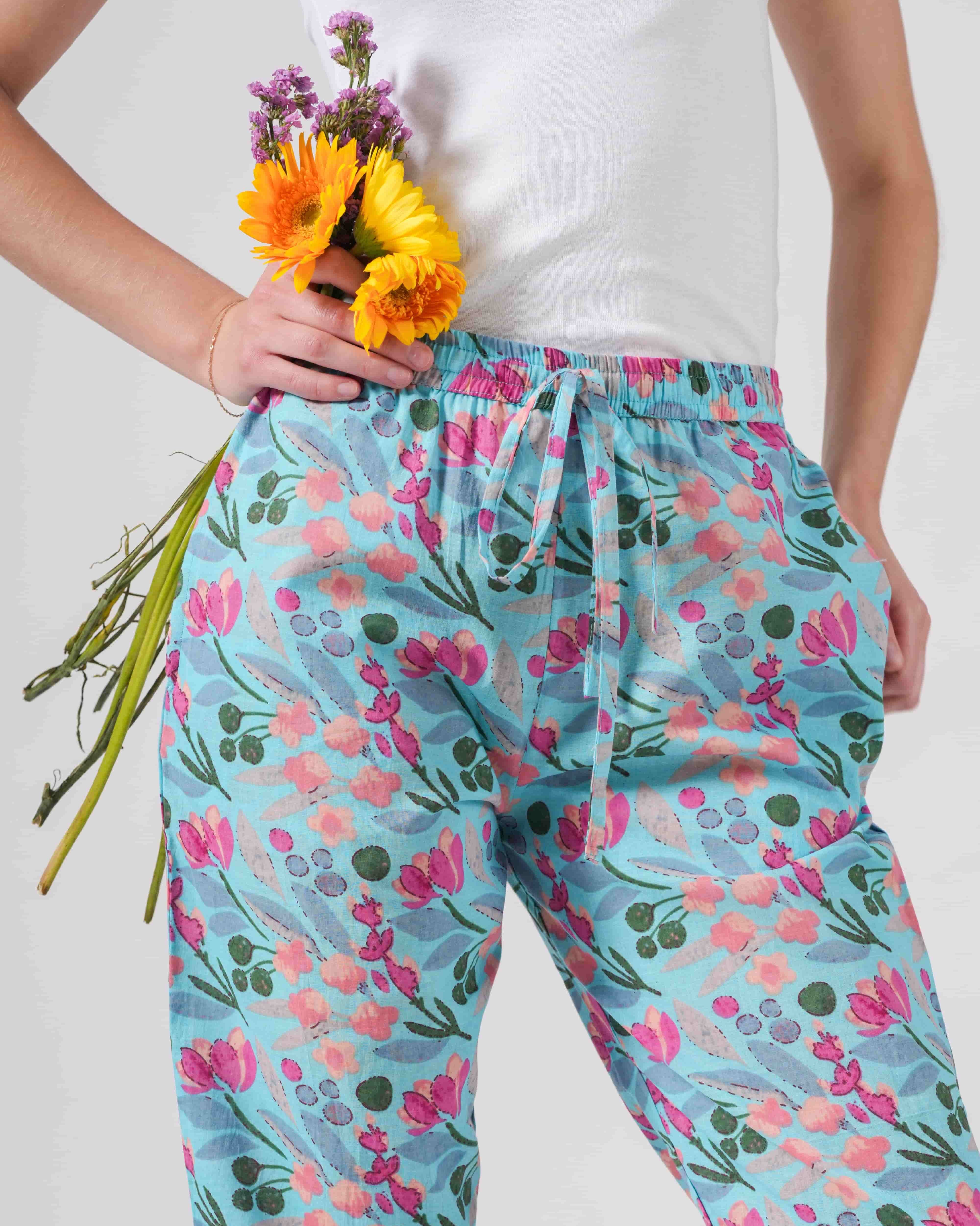 Cotton Pajama Pants Women - Floral Azure