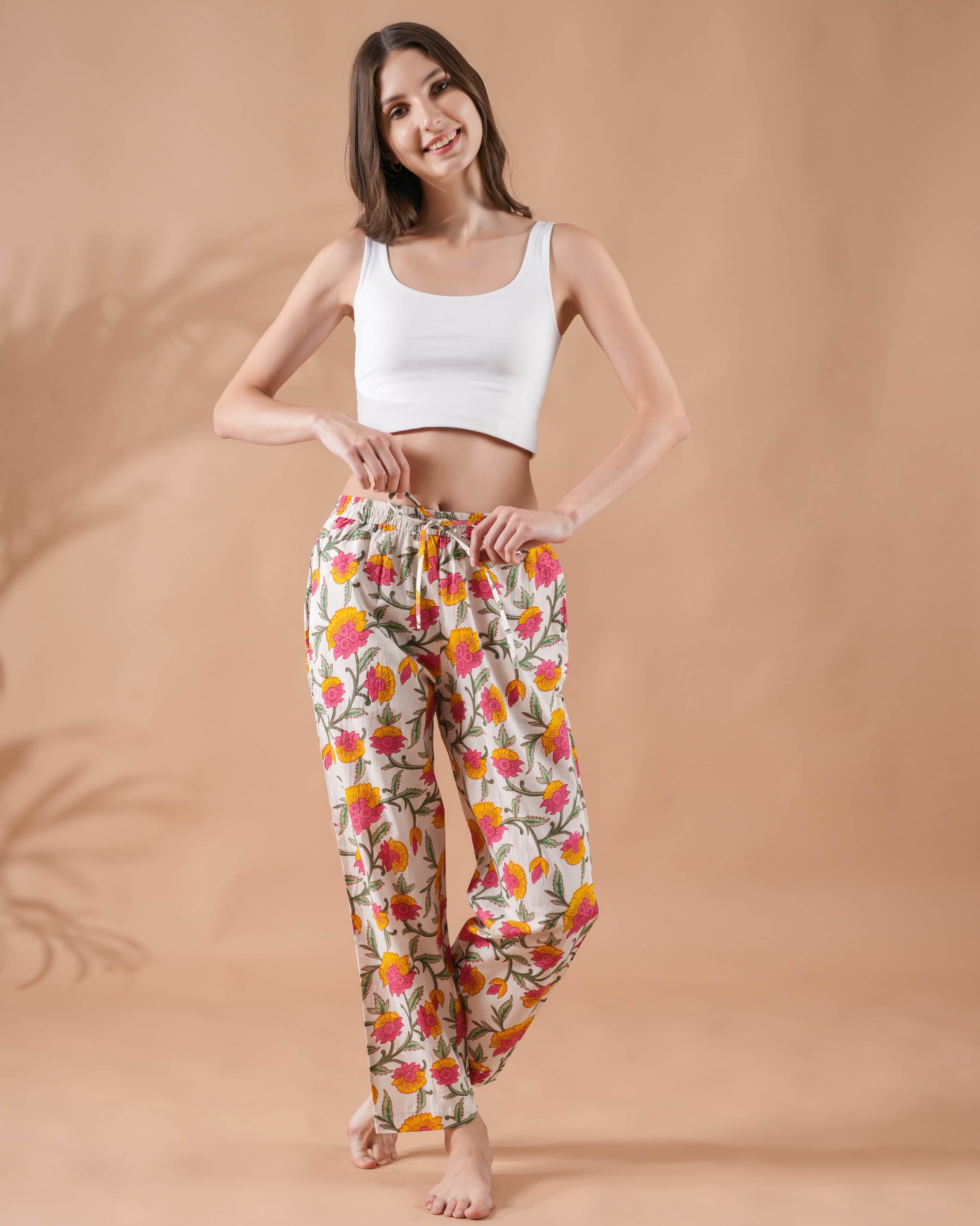 Cotton Pajama Pants Women - Floral Whispers