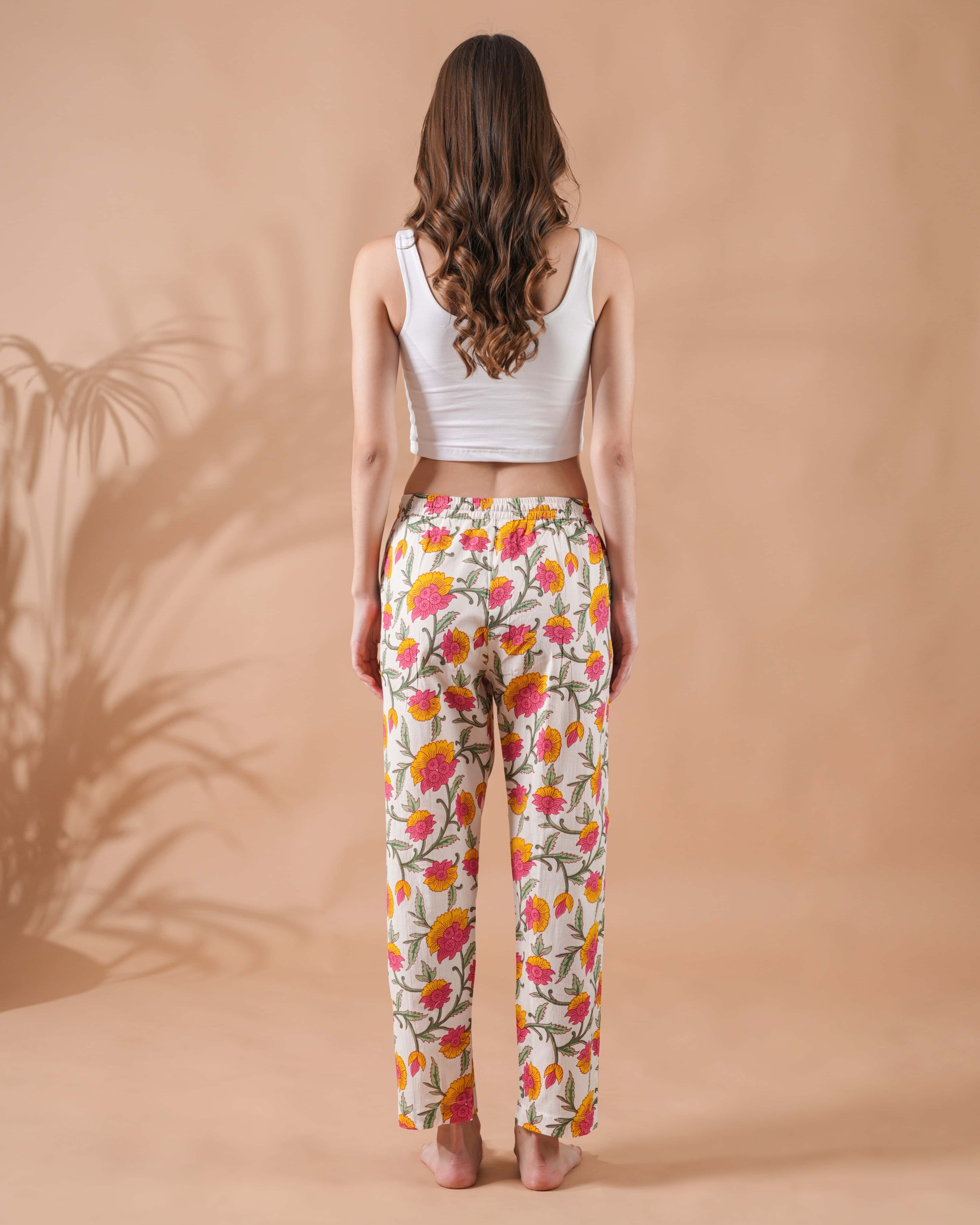 Cotton Pajama Pants Women - Floral Whispers
