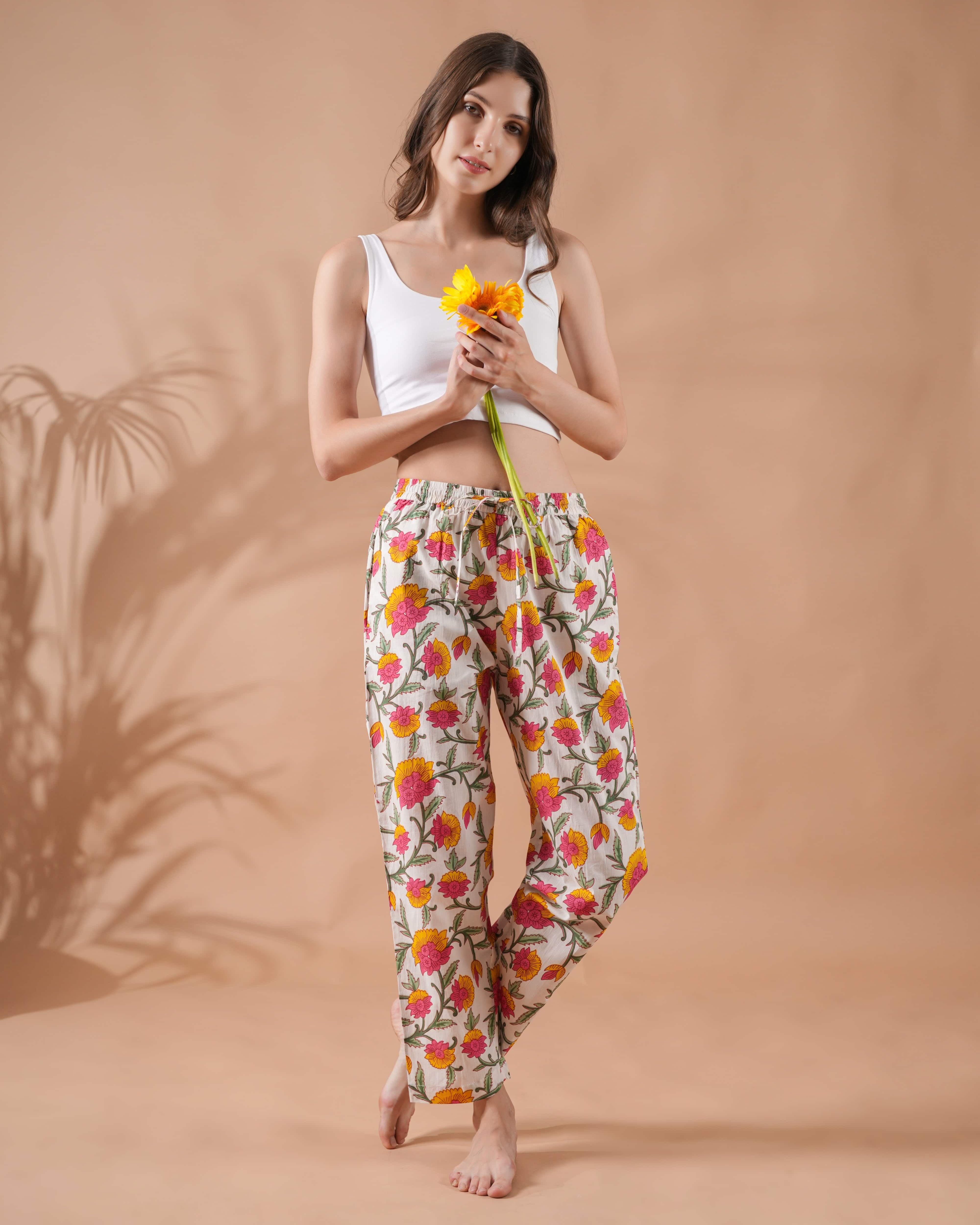 Cotton Pajama Pants Women - Floral Whispers