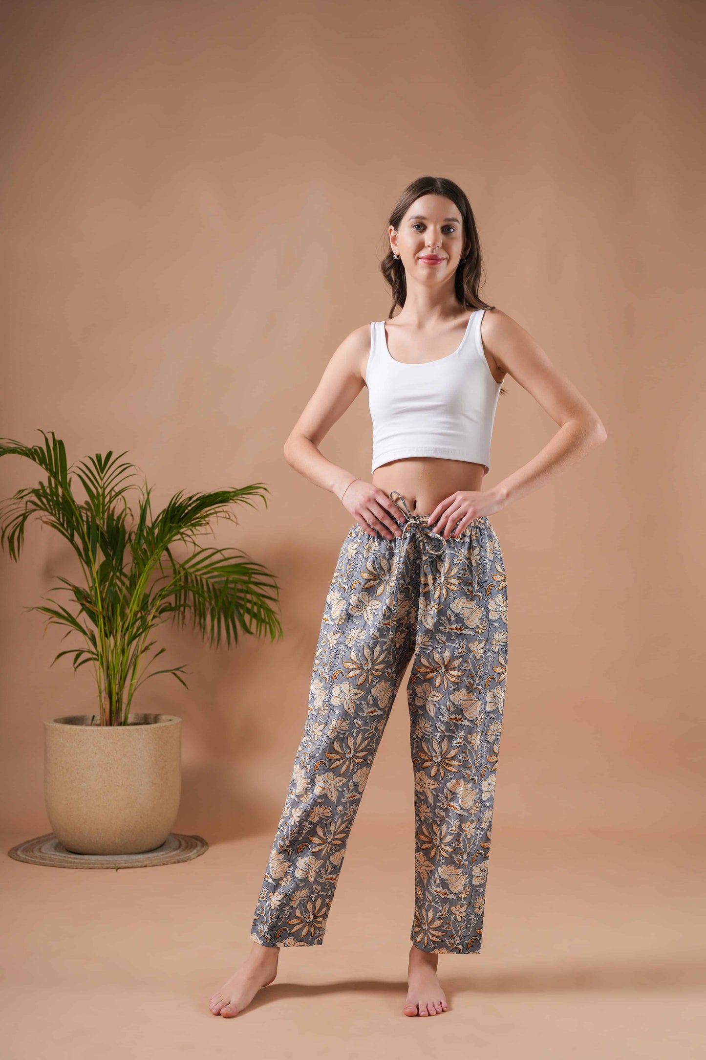 Cotton Pajama Pants Women - Charcoal Blooms
