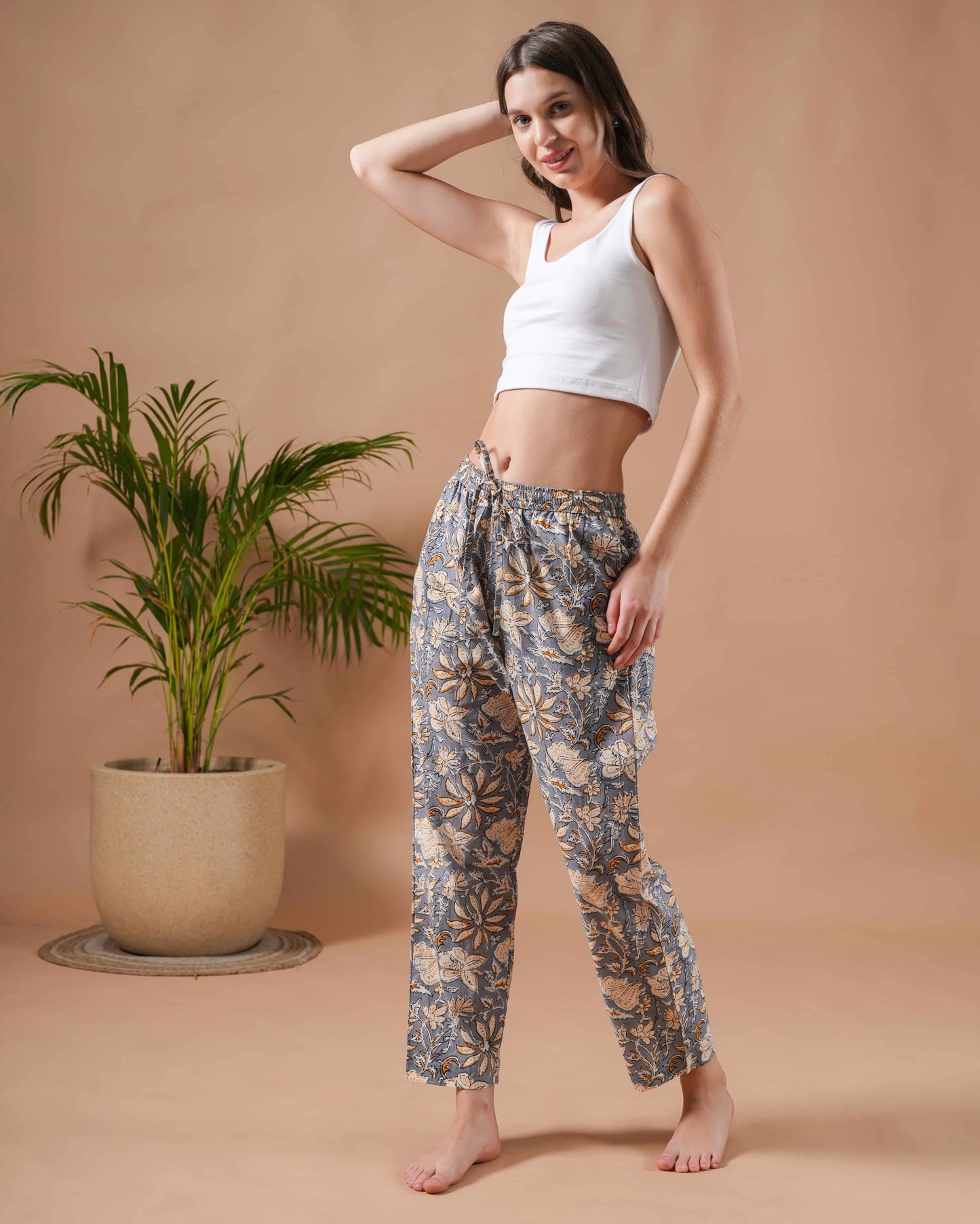 Cotton Pajama Pants Women - Charcoal Blooms