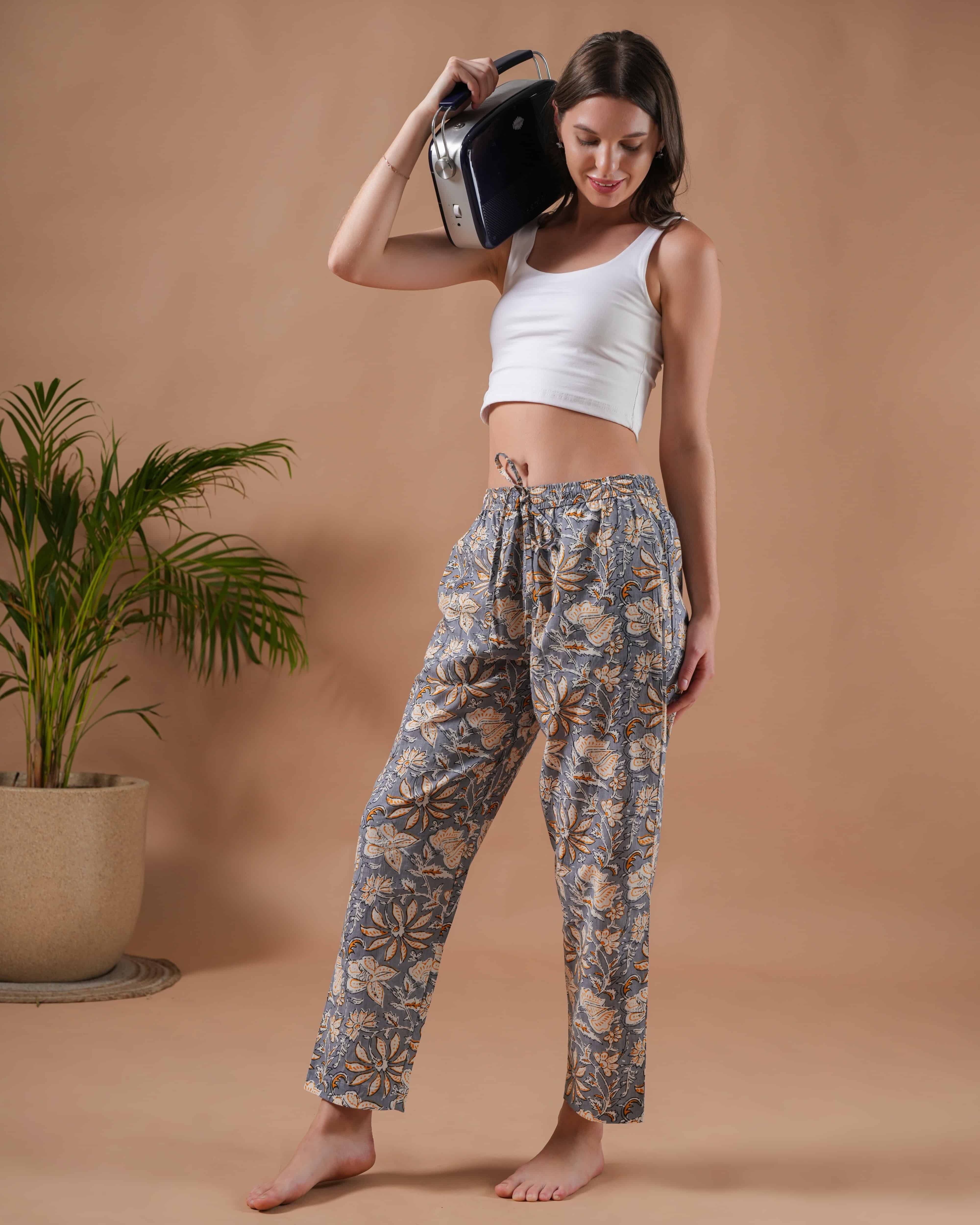 Cotton Pajama Pants Women - Charcoal Blooms
