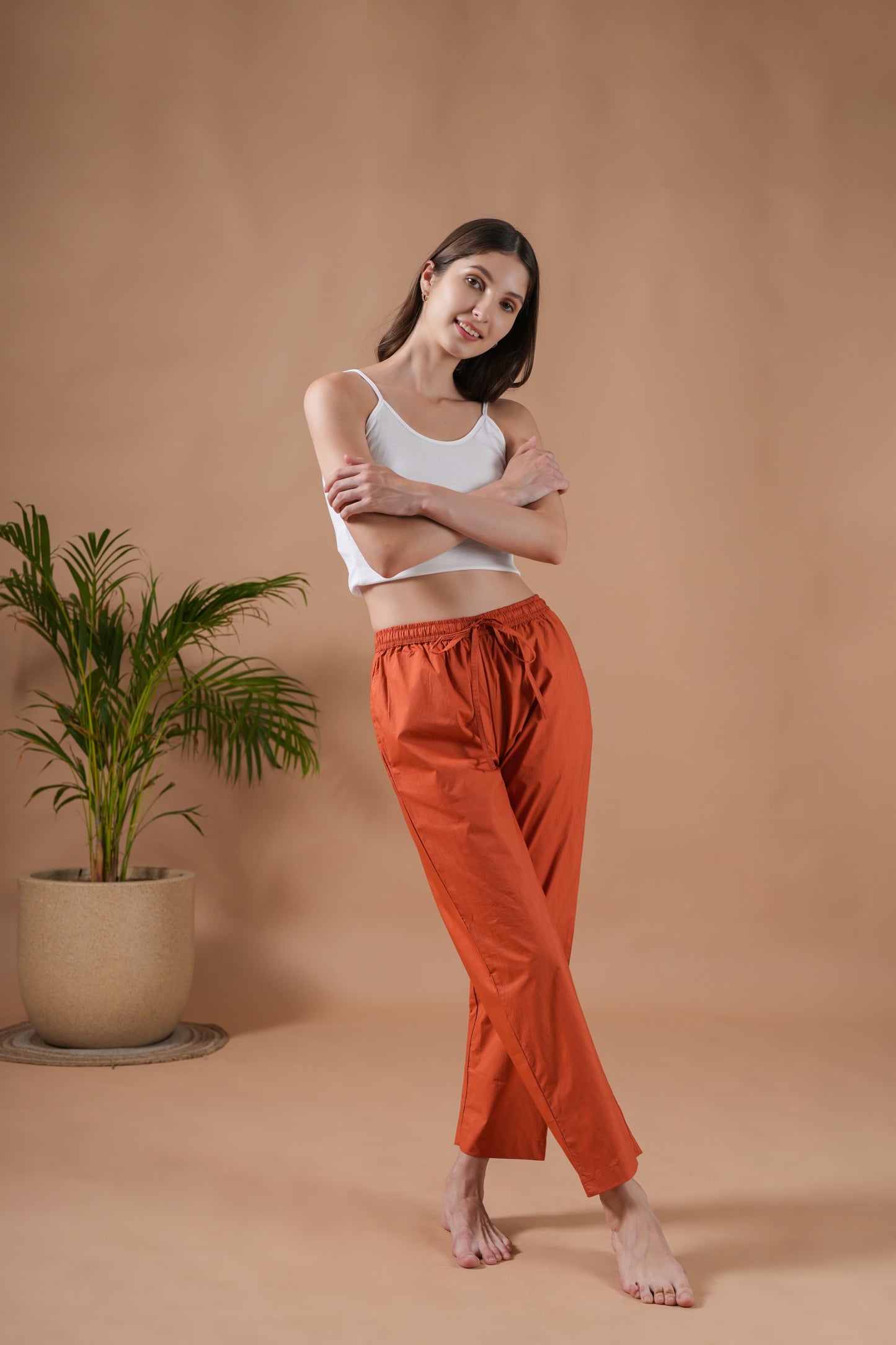 Cotton Poplin Lounge Pants Women - Burnt Orange