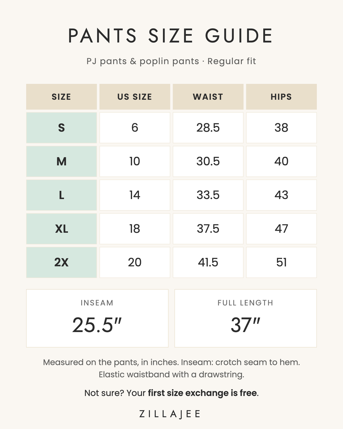 Pants size chart, regular fit: S (US 6) waist 28.5, hips 38; M (US 10) 30.5, 40; L (US 14) 33.5, 43; XL (US 18) 37.5, 47; 2X (US 20) 41.5, 51. Inseam 25.5 inches, full length 37 inches.