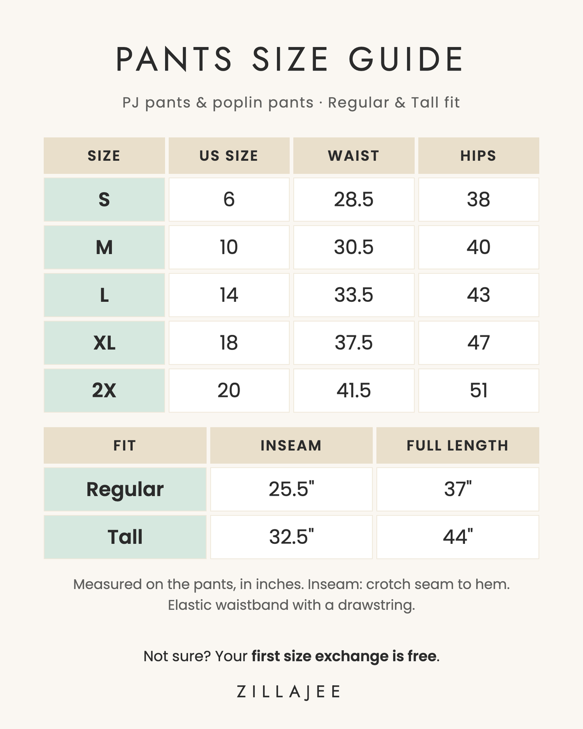 Pants size chart, regular and tall fit: S (US 6) waist 28.5, hips 38; M (US 10) 30.5, 40; L (US 14) 33.5, 43; XL (US 18) 37.5, 47; 2X (US 20) 41.5, 51. Regular: inseam 25.5, length 37 inches. Tall: inseam 32.5, length 44 inches.