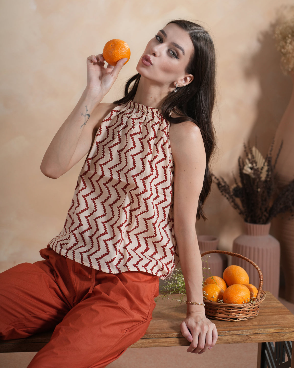 Cotton Strappy Flowy Top, High Neck - Russet Rhythm