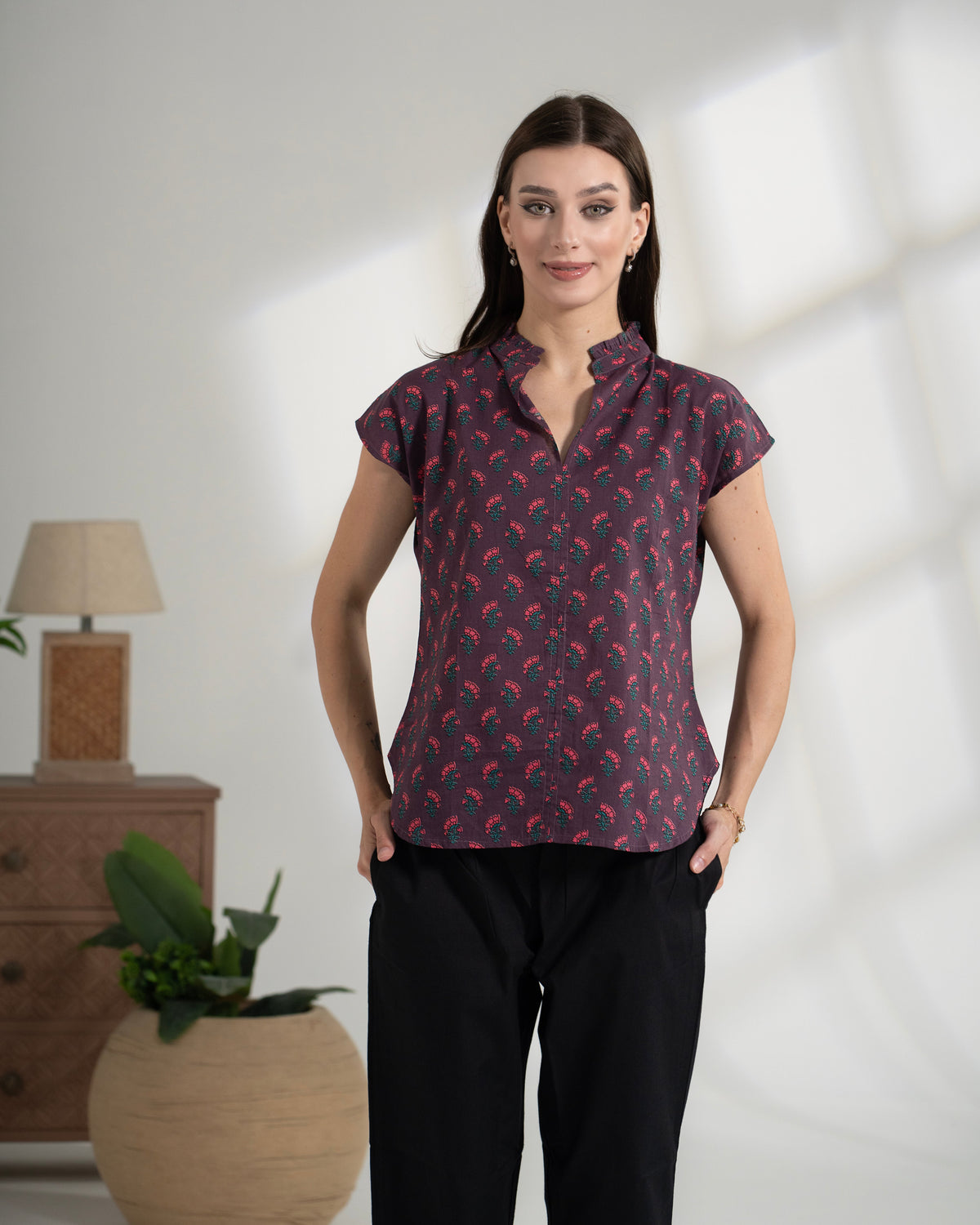 100% Cotton Top Women Cap Sleeve - Palace Garden