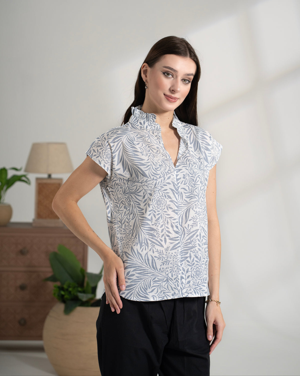 100% Cotton Top Women Cap Sleeve - Silver Garden