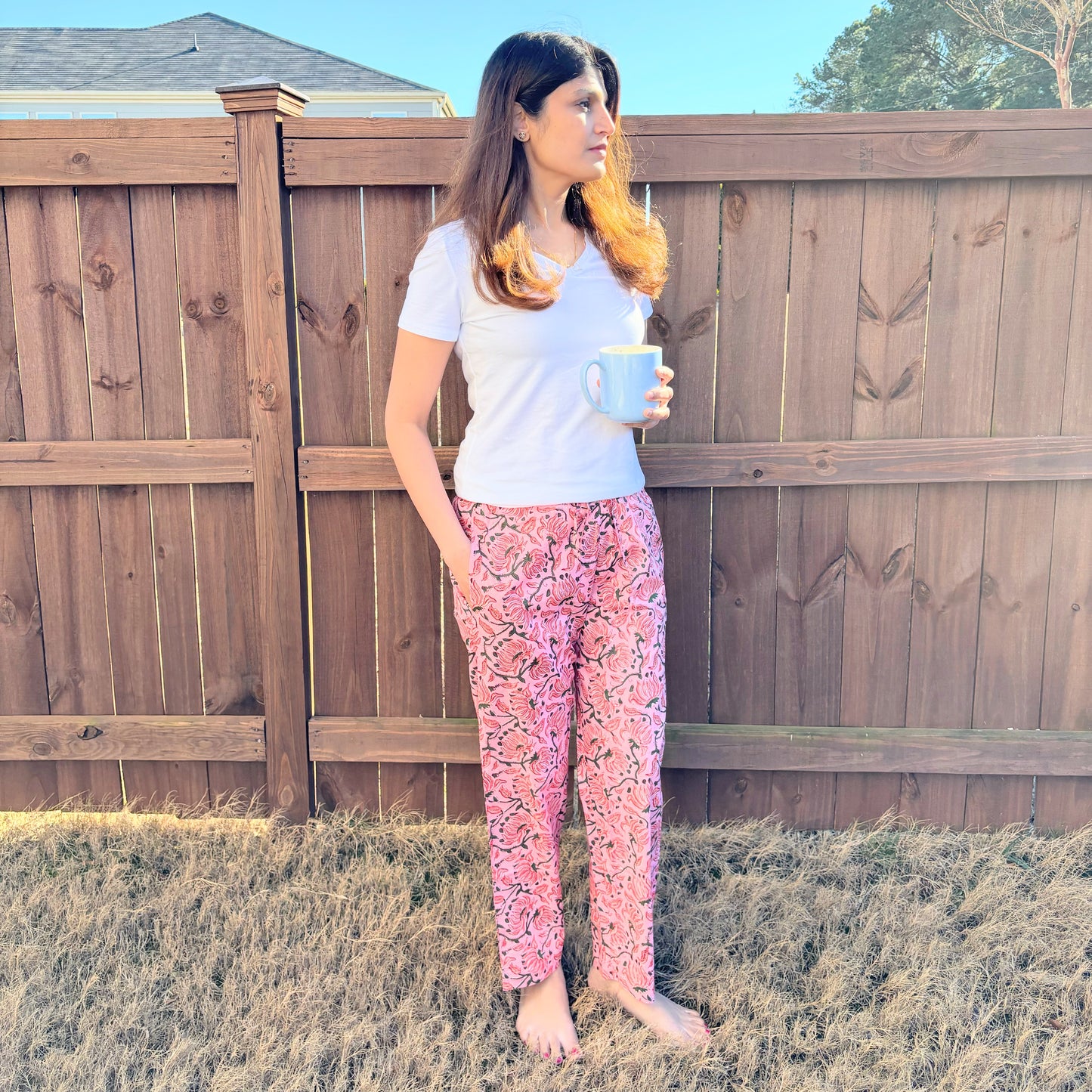 Floral print cotton pajama pants with a drawstring waist and pockets, perfect for bridesmaid pajamas or bride getting ready outfits.