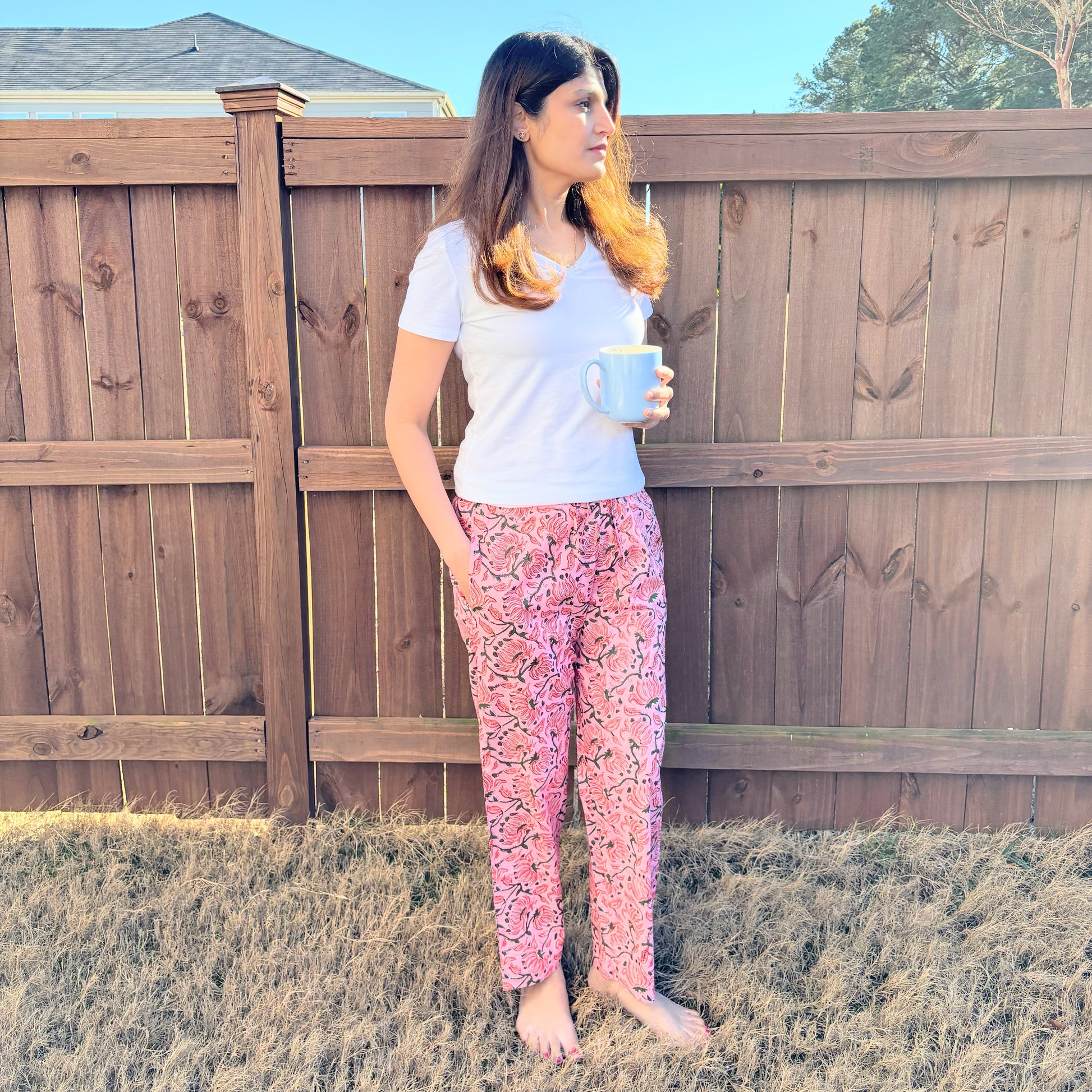 Floral print cotton pajama pants with a drawstring waist and pockets, perfect for bridesmaid pajamas or bride getting ready outfits.