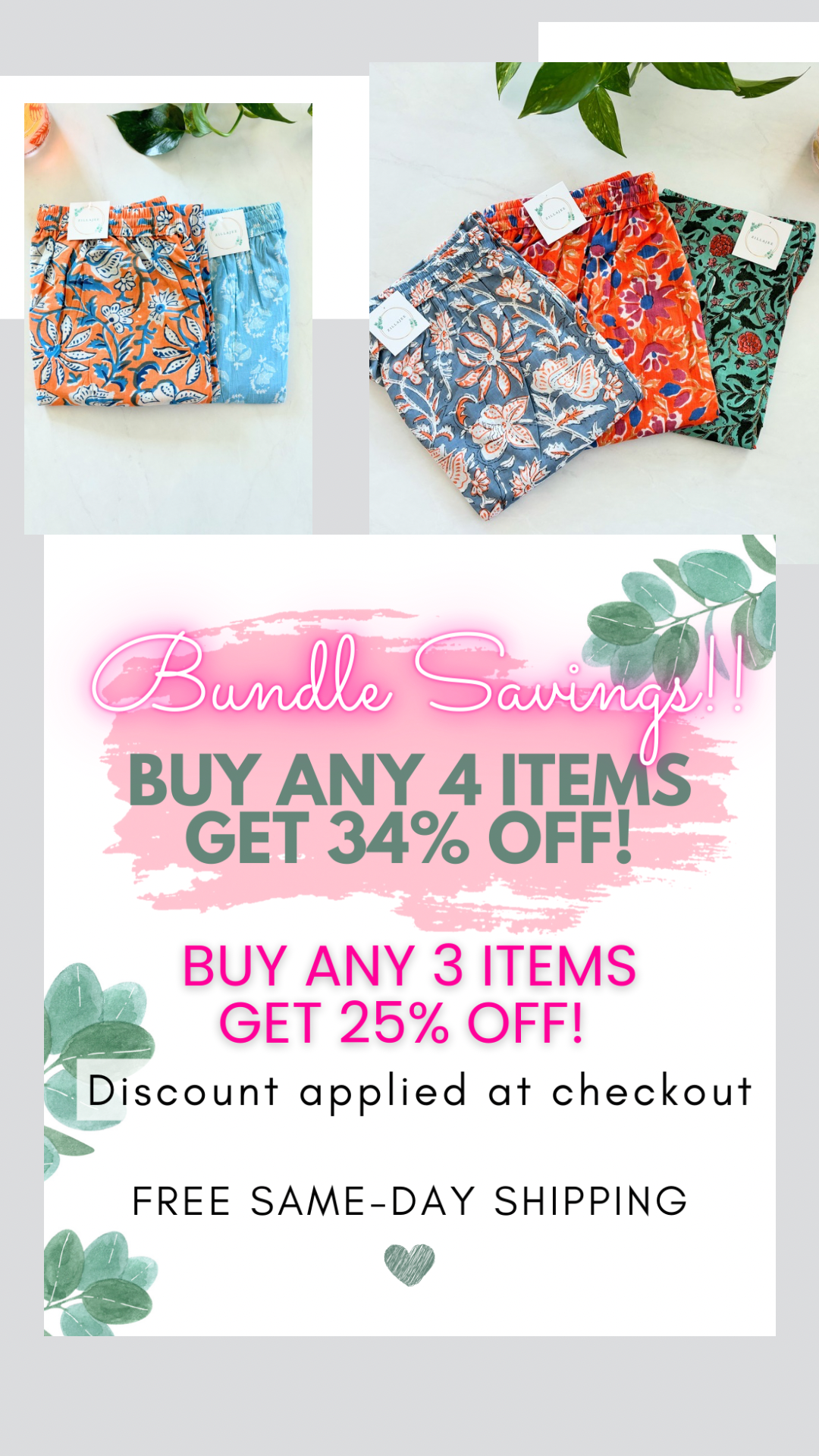 Bundle of 2 comfortable floral sleep pants for women, crafted from soft cotton with pockets, ideal for a laid-back day or night.