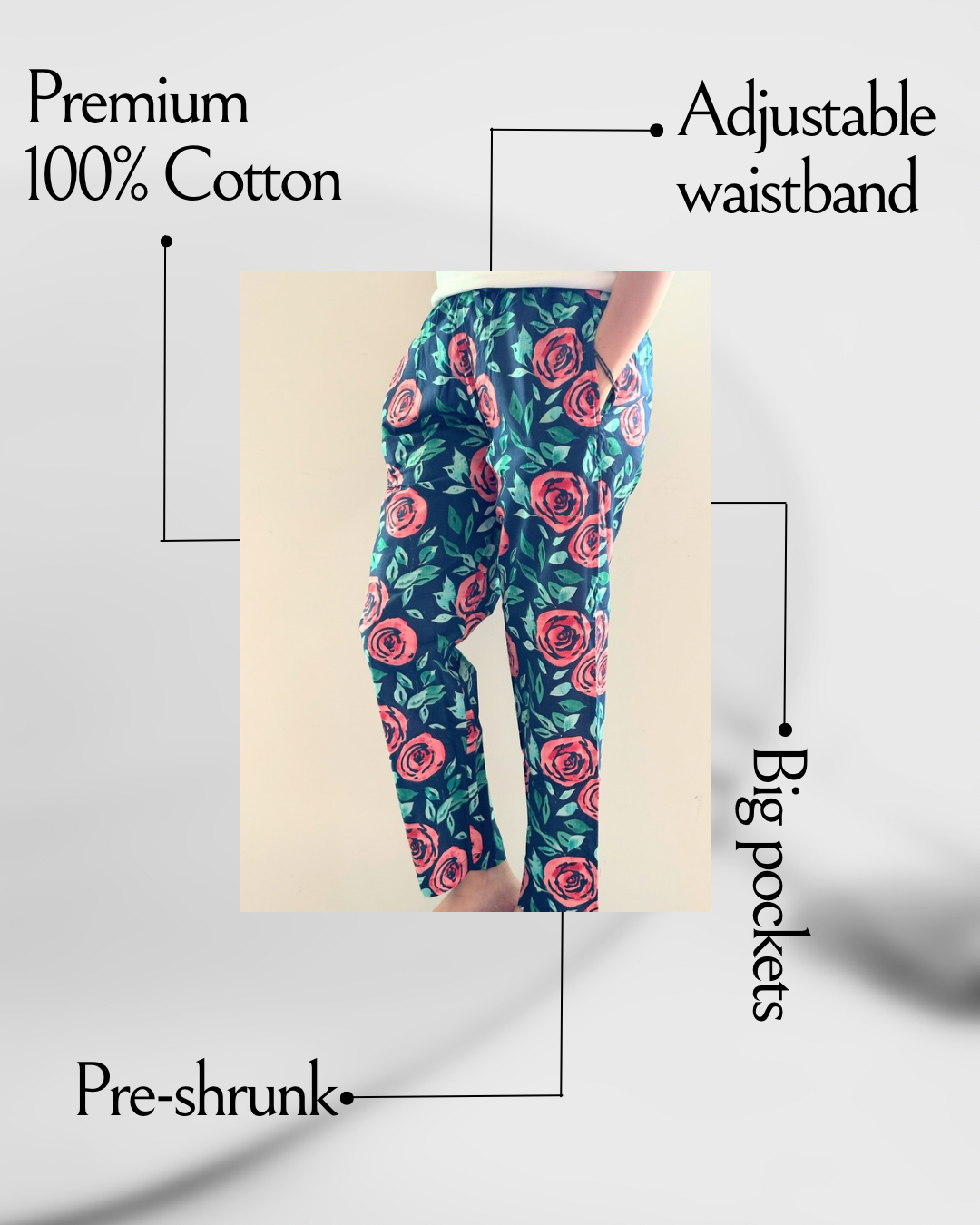 Relaxed fit cotton sleepwear pants with a trendy red floral print, ideal for a tropical vacation or casual lounging at home.