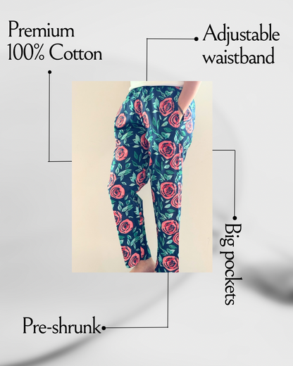 Relaxed fit cotton sleepwear pants with a trendy red floral print, ideal for a tropical vacation or casual lounging at home.