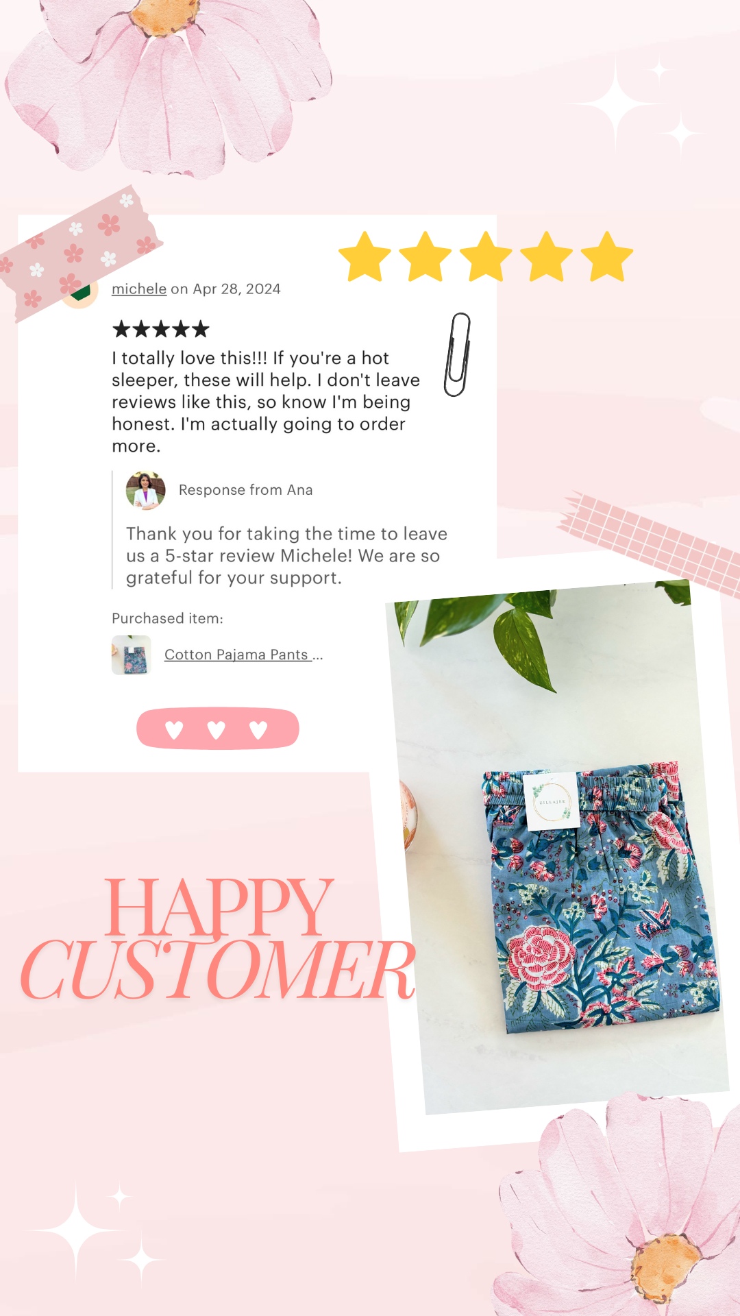 Relax in style with these 100% cotton pajama pants for women, featuring an elastic waist, pockets, and a charming pink floral pattern on blue-gray fabric