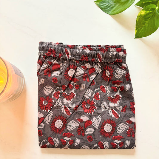 Chic cotton sleep pants with a unique red floral design, ideal for bridesmaid pajamas or a bride getting ready outfit.