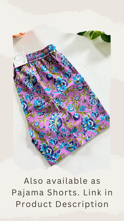Breathable cotton lounge pants for women with a blue floral pattern on purple and comfy drawstring waistband