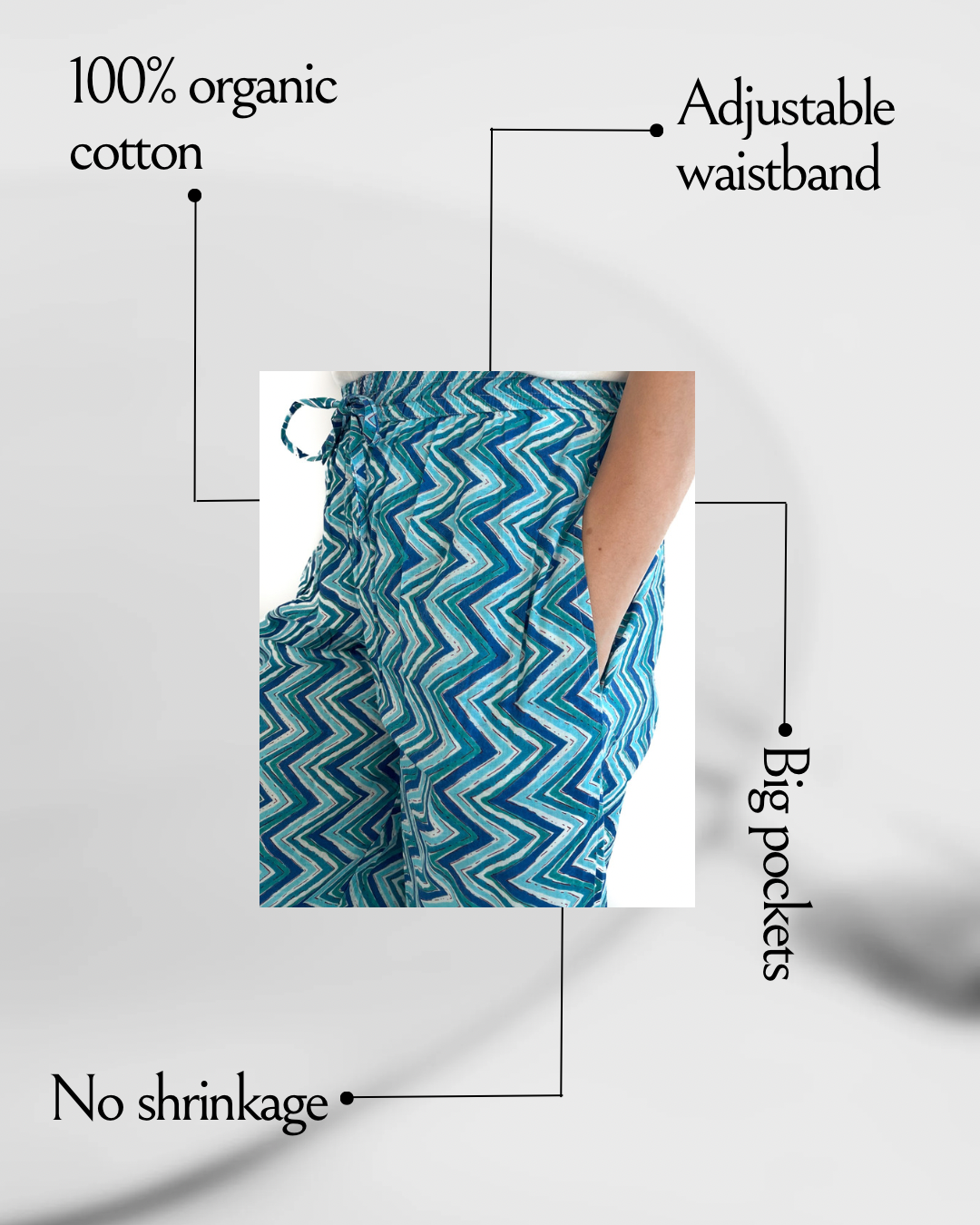 SEO Description: Elevate your sleepwear collection with our Blue Wave Serenity Cotton Pajama Pants for Women. Made from soft and breathable cotton fabric, these pajama pants feature a calming blue wave design that adds a touch of style to your bedtime routine. Whether you're lounging at home or catching up on beauty sleep, these pants offer both comfort and tranquility. Get the perfect mix of relaxation and fashion with our Blue Wave Serenity Pajama Pants!