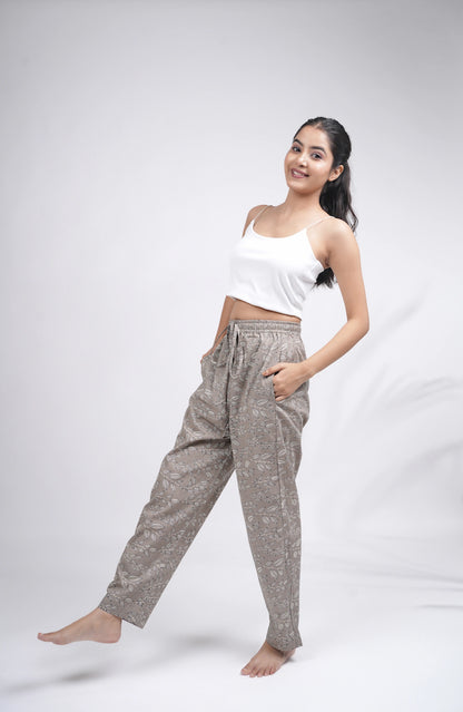 Cotton Pajama Pants Women - Silver Leaves