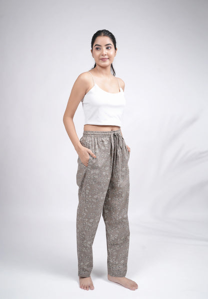 Cotton Pajama Pants Women - Silver Leaves