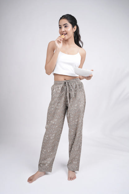 Cotton Pajama Pants Women - Silver Leaves