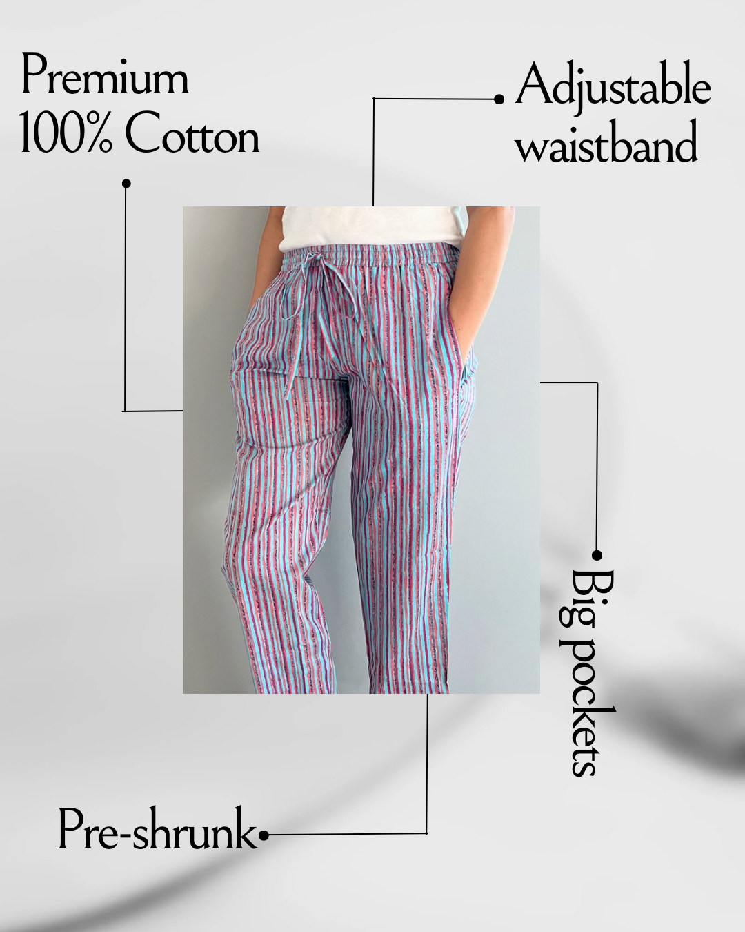 Women’s cotton lounge pants featuring blue and pink stripes. Soft, cooling, and lightweight for ultimate comfort and relaxation.