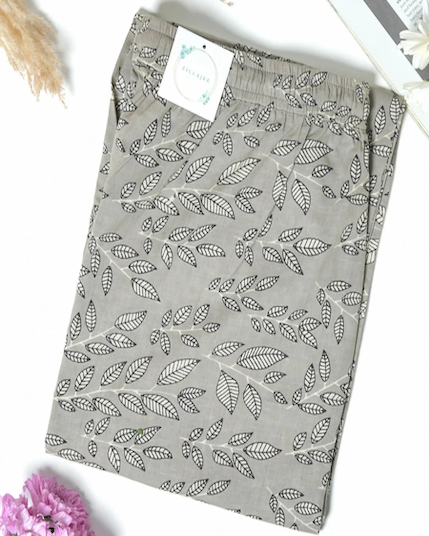 Cotton Pajama Pants Women - Silver Leaves