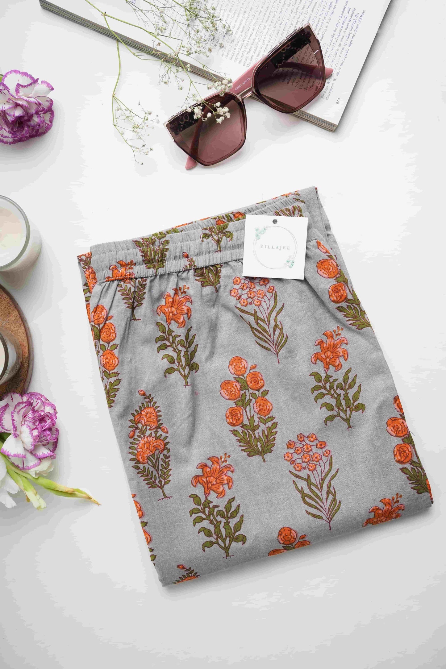 Cotton Pajama Pants Women - Smoky Blooms