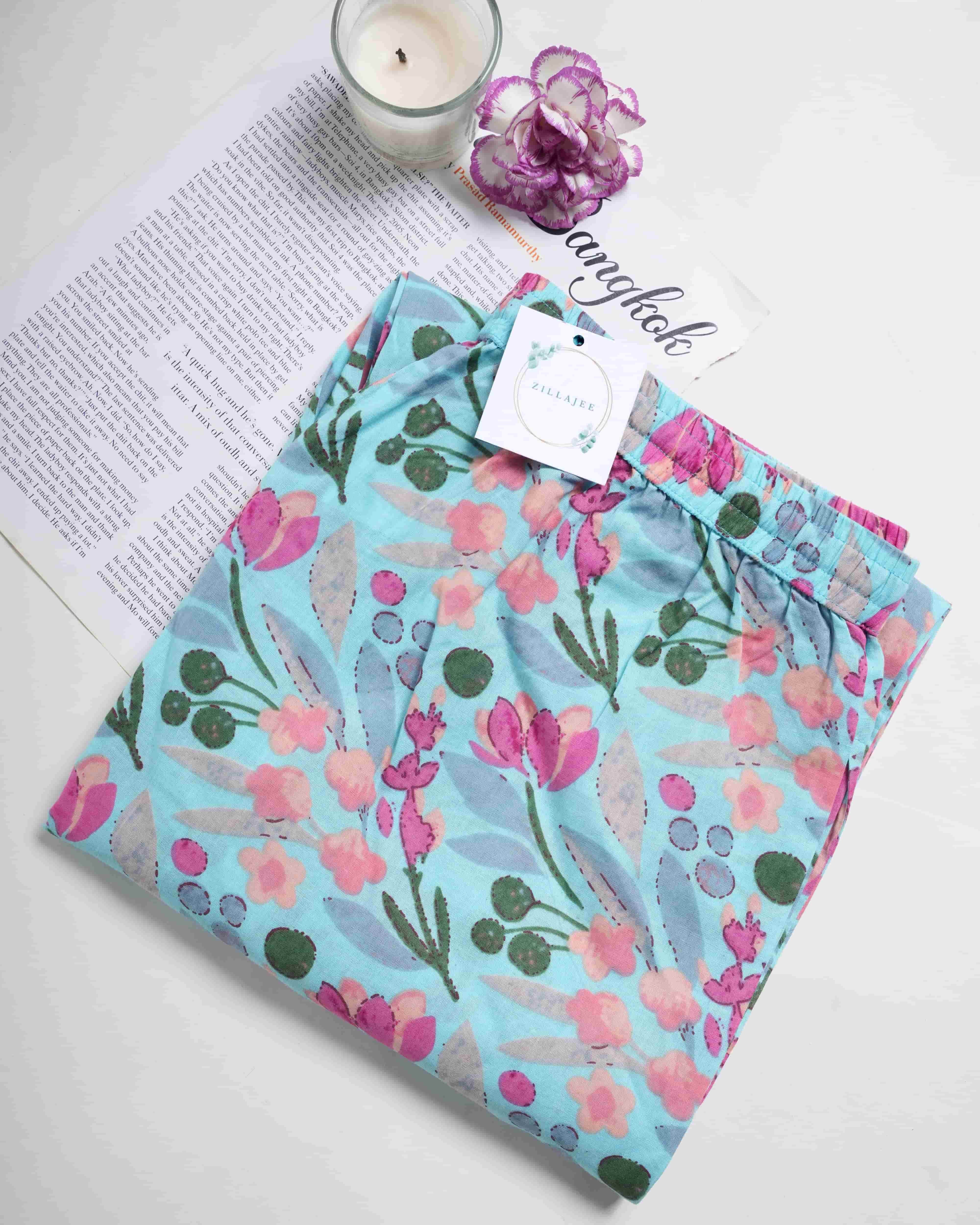 Cotton Pajama Pants Women - Floral Azure