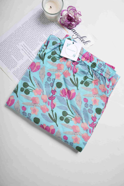 Cotton Pajama Pants Women - Floral Azure