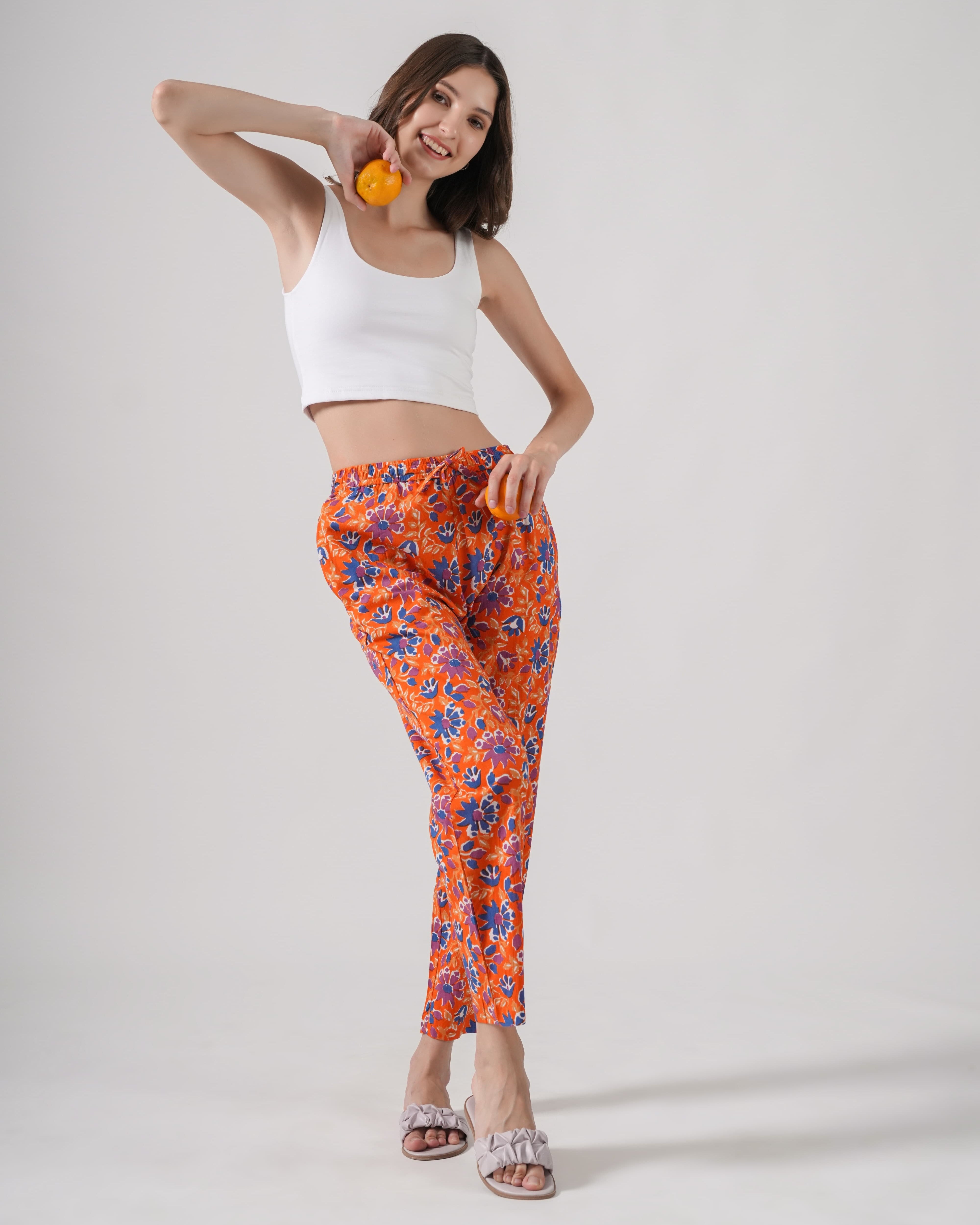 Cotton Pajama Pants Women - Tangerine Twilight