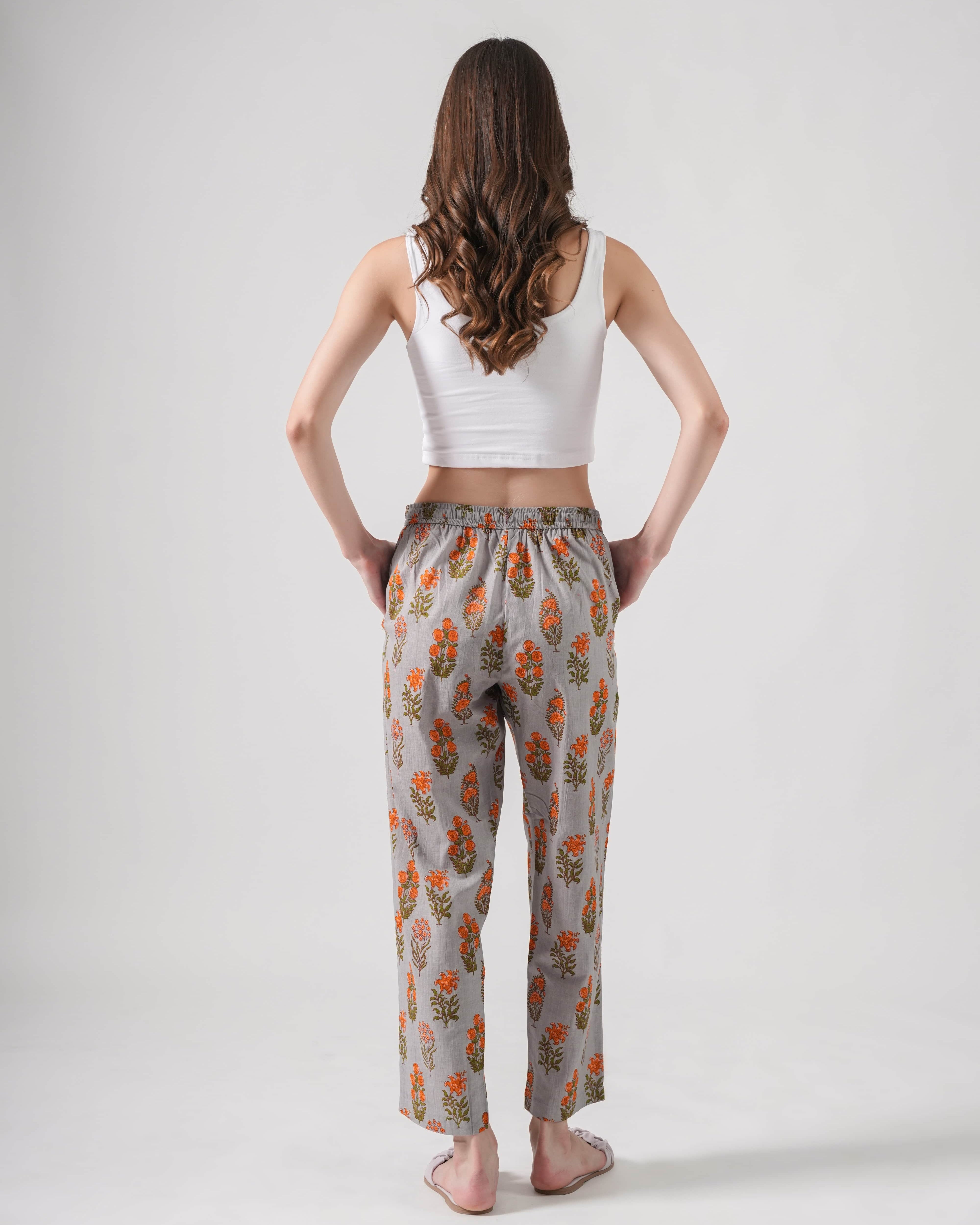 Cotton Pajama Pants Women - Smoky Blooms