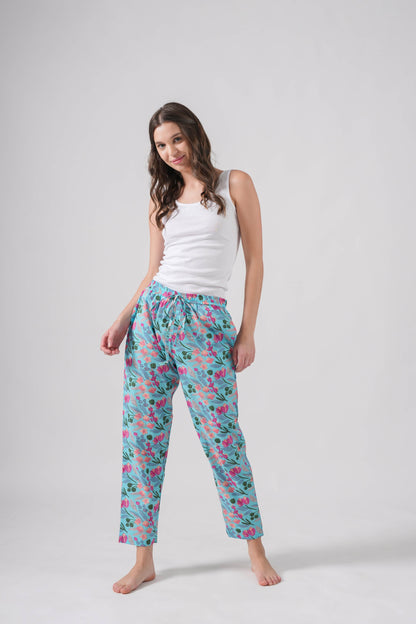 Cotton Pajama Pants Women - Floral Azure