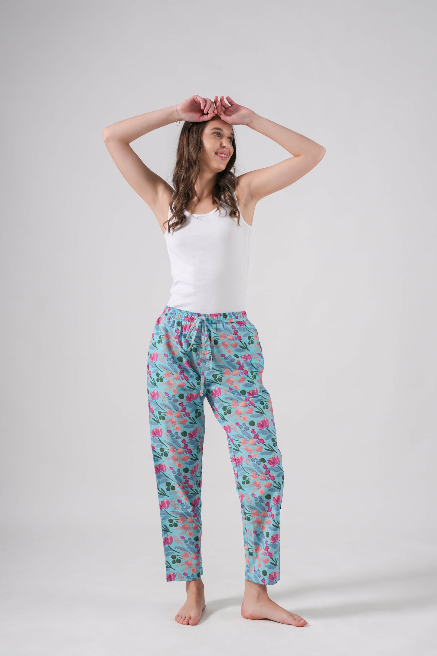Cotton Pajama Pants Women - Floral Azure