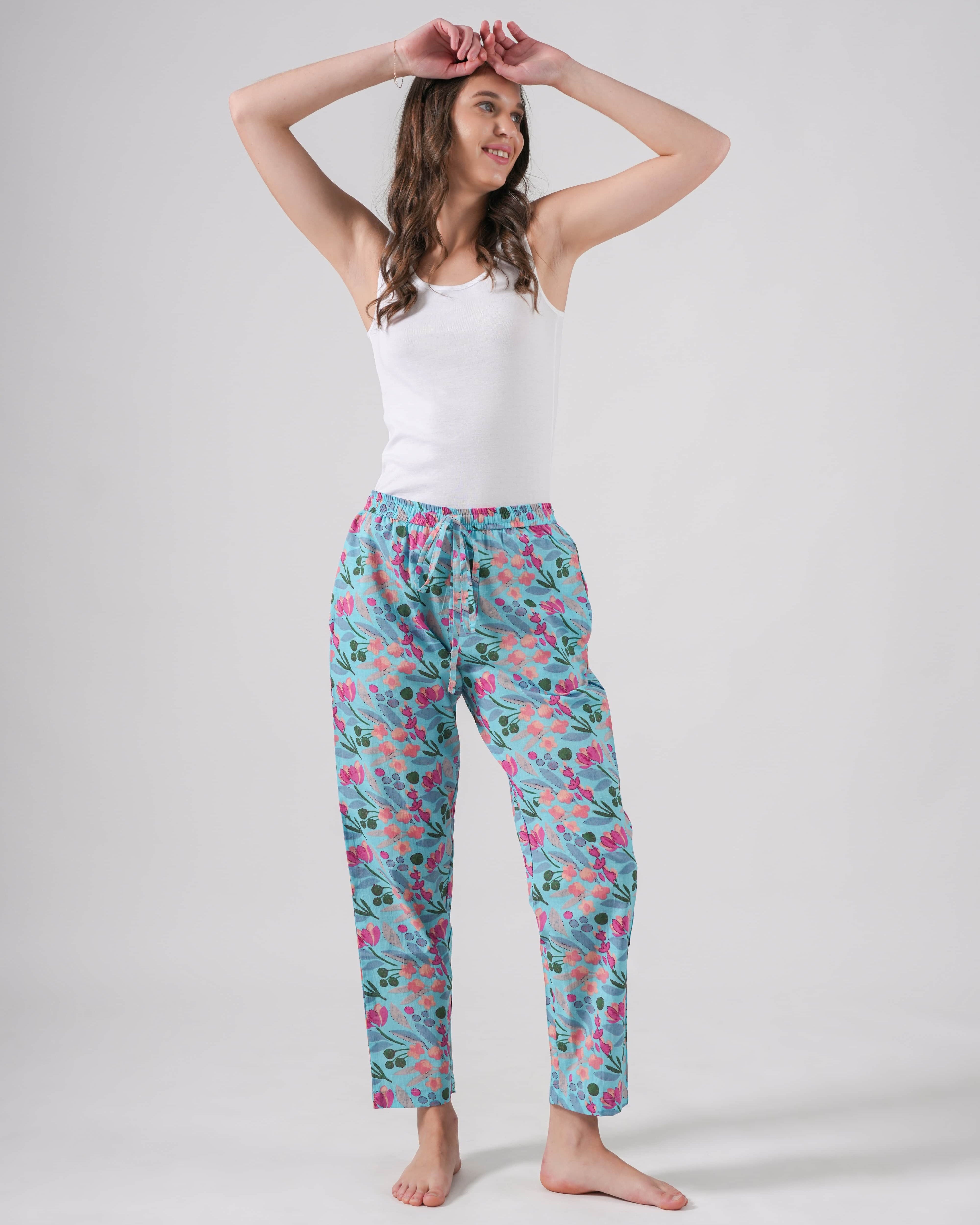 Cotton Pajama Pants Women - Floral Azure