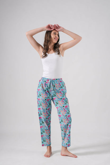 Cotton Pajama Pants Women - Floral Azure
