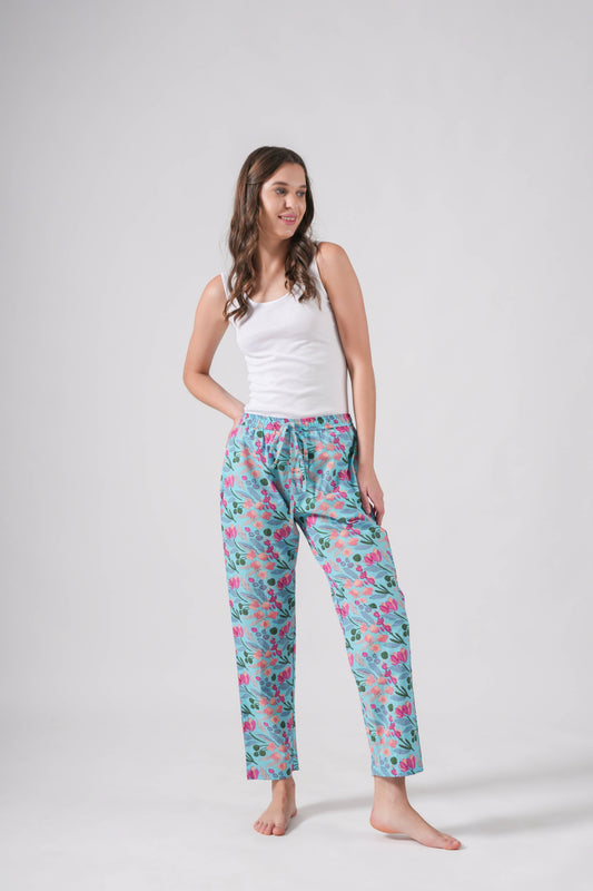 Cotton Pajama Pants Women - Floral Azure