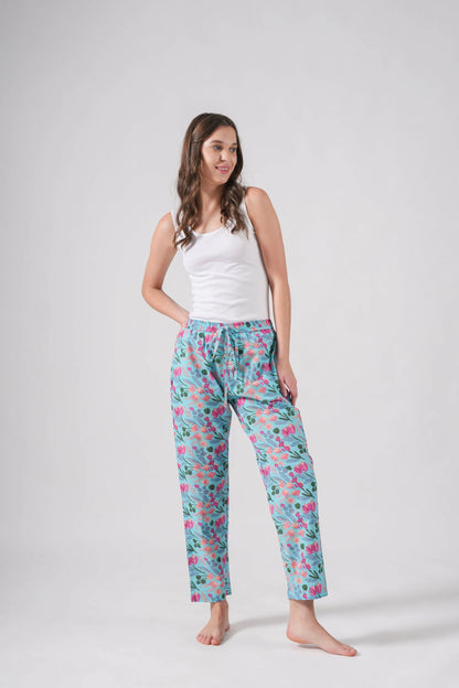 Cotton Pajama Pants Women - Floral Azure