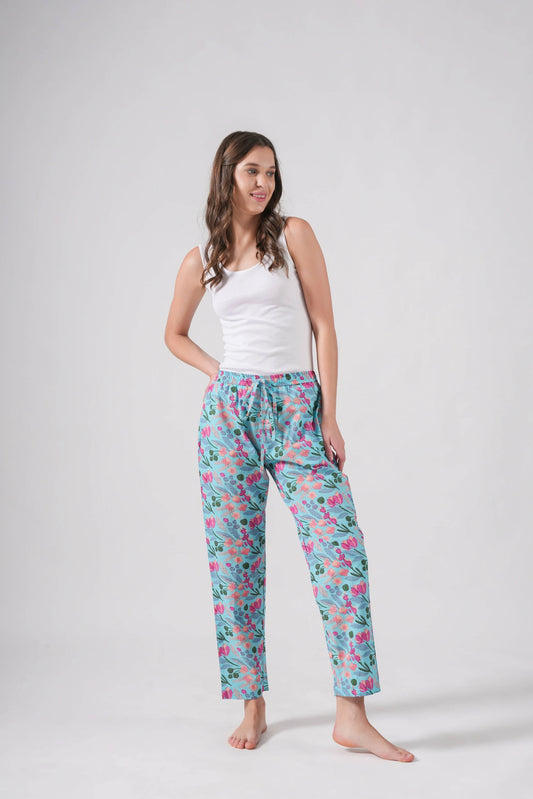 Cotton Pajama Pants Women - Floral Azure